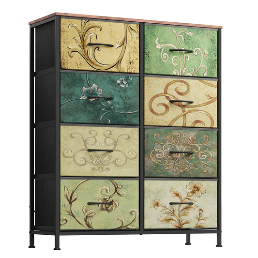 WLIVE Tall Fabric Dresser with 8 Drawers, Storage Tower with Fabric Bins, Double Dresser, Chest of Drawers for Closet, Bedroom, Living Room, Hallway, Dorm, Floral Painted