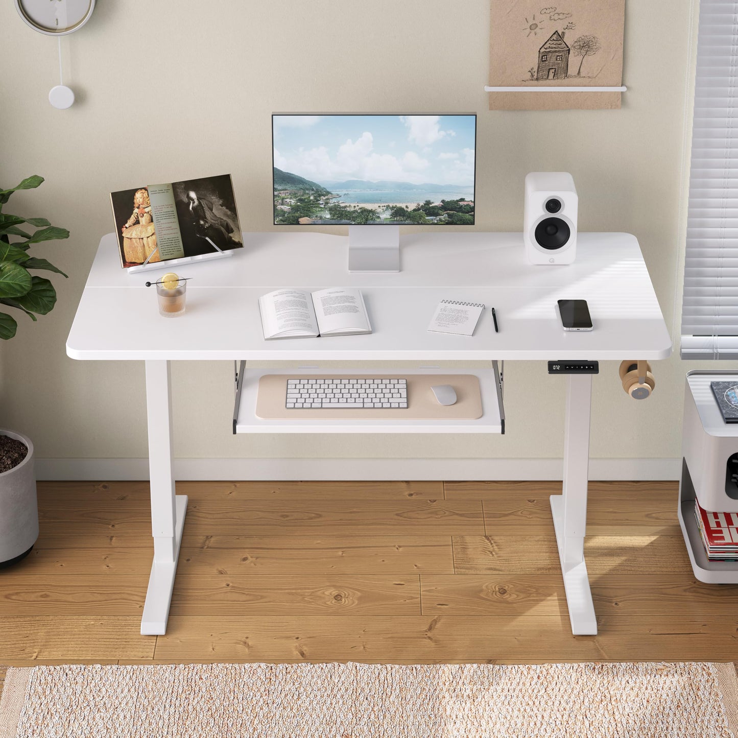 FEZIBO Standing Desk with Keyboard Tray, 48 x 24 Inch Adjustable Height Sit Stand Desk with Memory Presets for Home Office, Ergonomic Computer Workstation, White