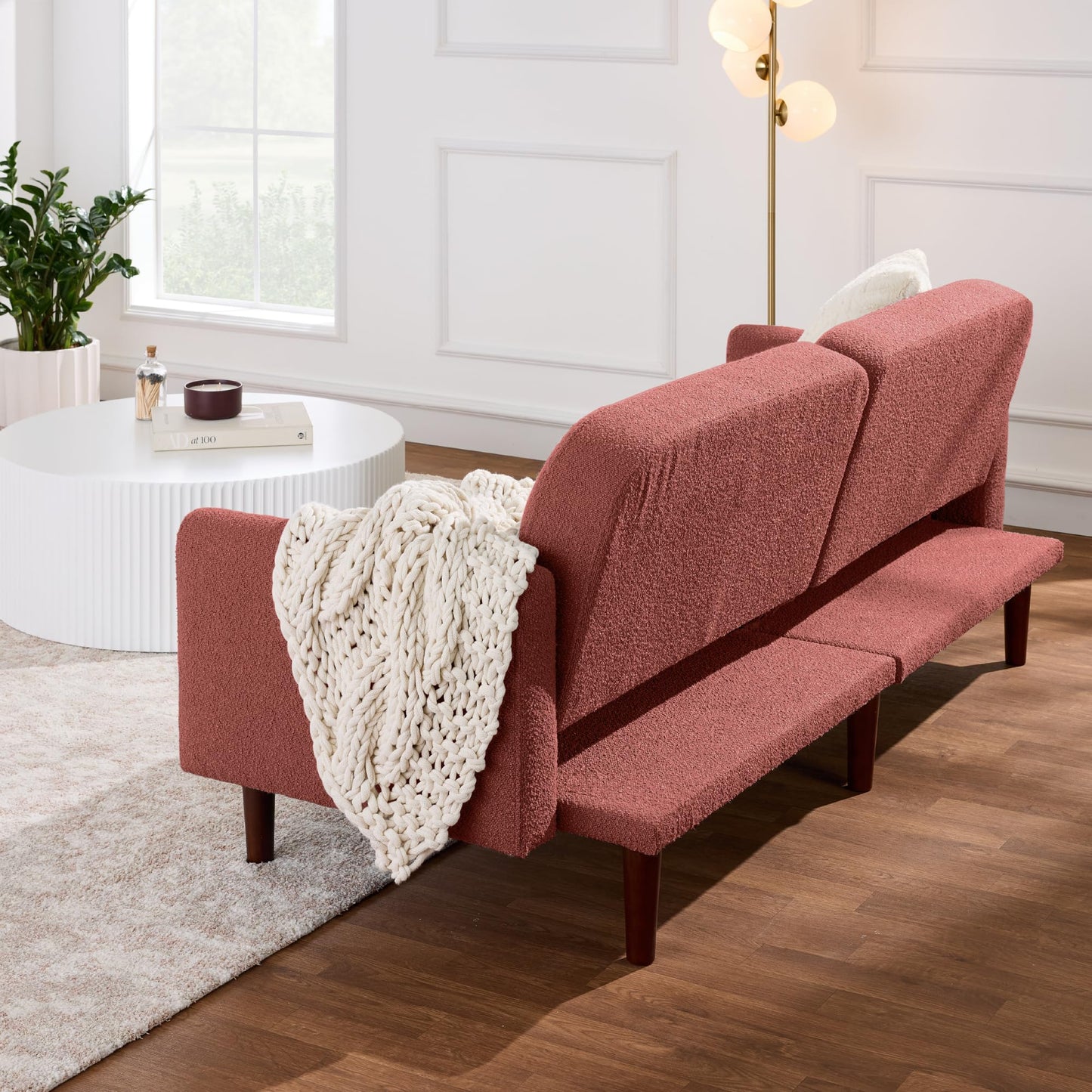 Best Choice Products 77" Mid Century Modern Boucle Loveseat Sofa, Couch, Convertible Sofa Sleeper Bed w/Real Wood, Removable Armrest - Mauve