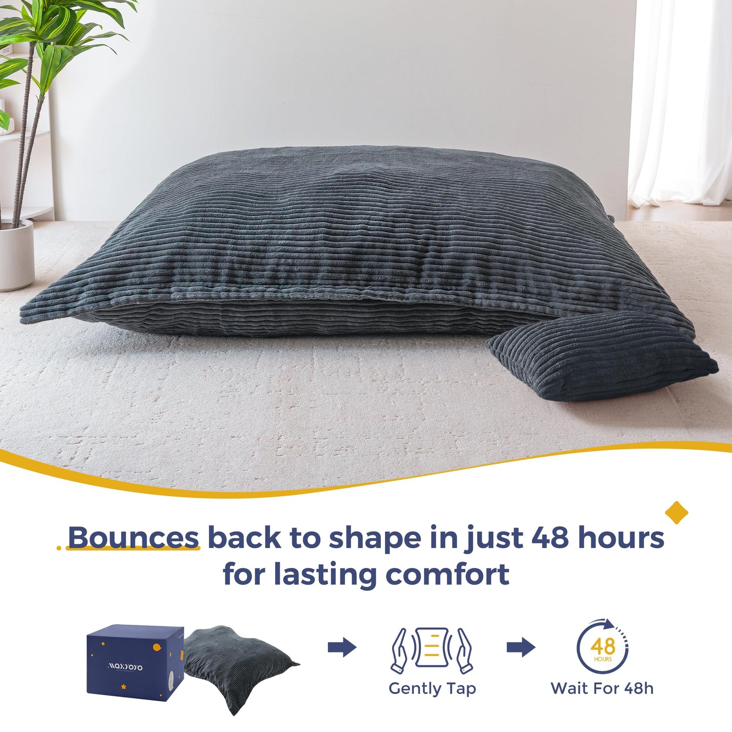 MAXYOYO Giant Bean Bag Chair with Pillow, 3 in 1 Convertible Bean Bag Chair for Adults with Washable Cover, Removable Floor Cushion Stuffed Floor Lounger for Living Room Bedroom, Dark Grey, Full