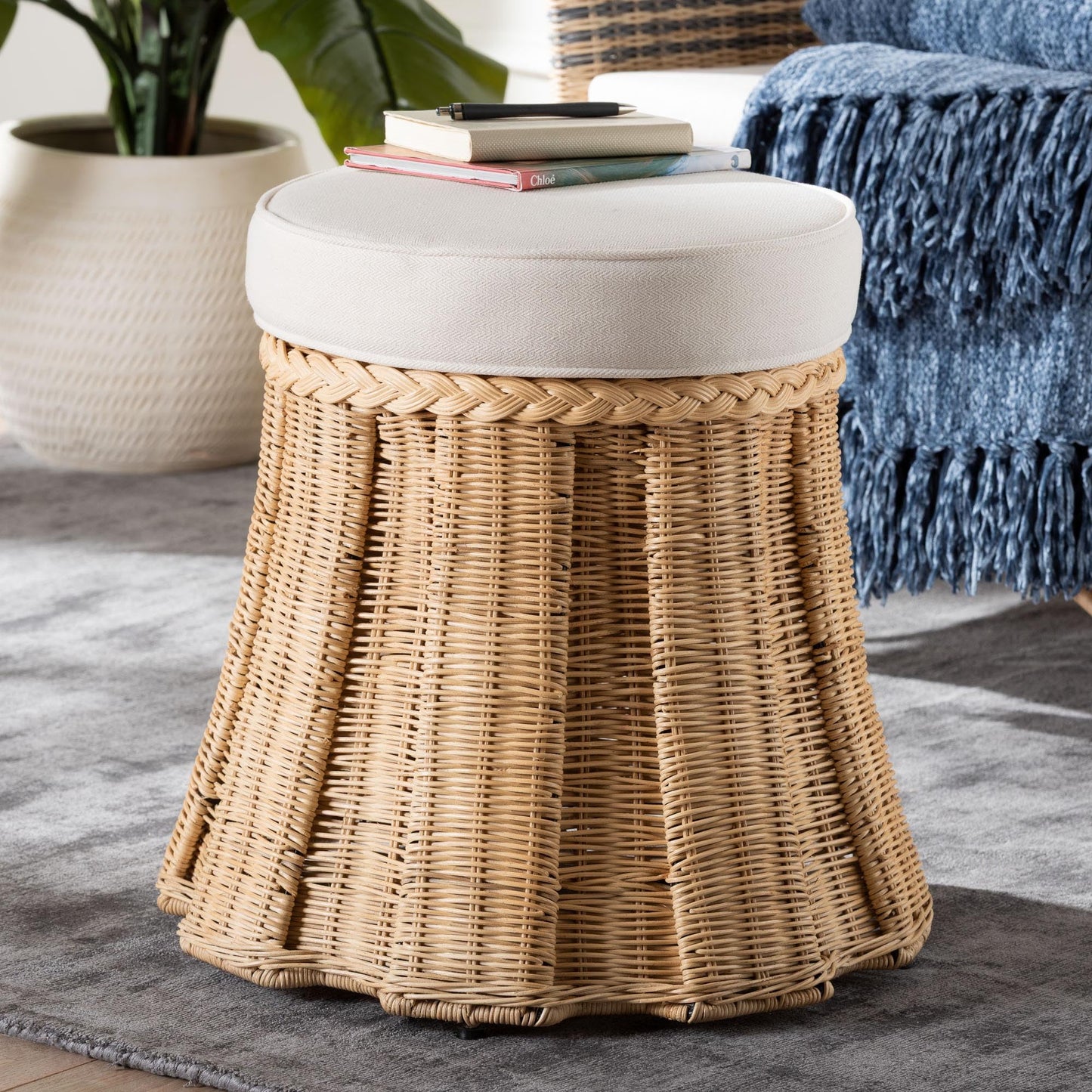 Bali & pari Ying Round Natural Rattan Ottoman with Cushion - Handwoven Wicker Pleated Skirt Accent Coffee Table or Extra Seating for Living Room or Sunroom, Small