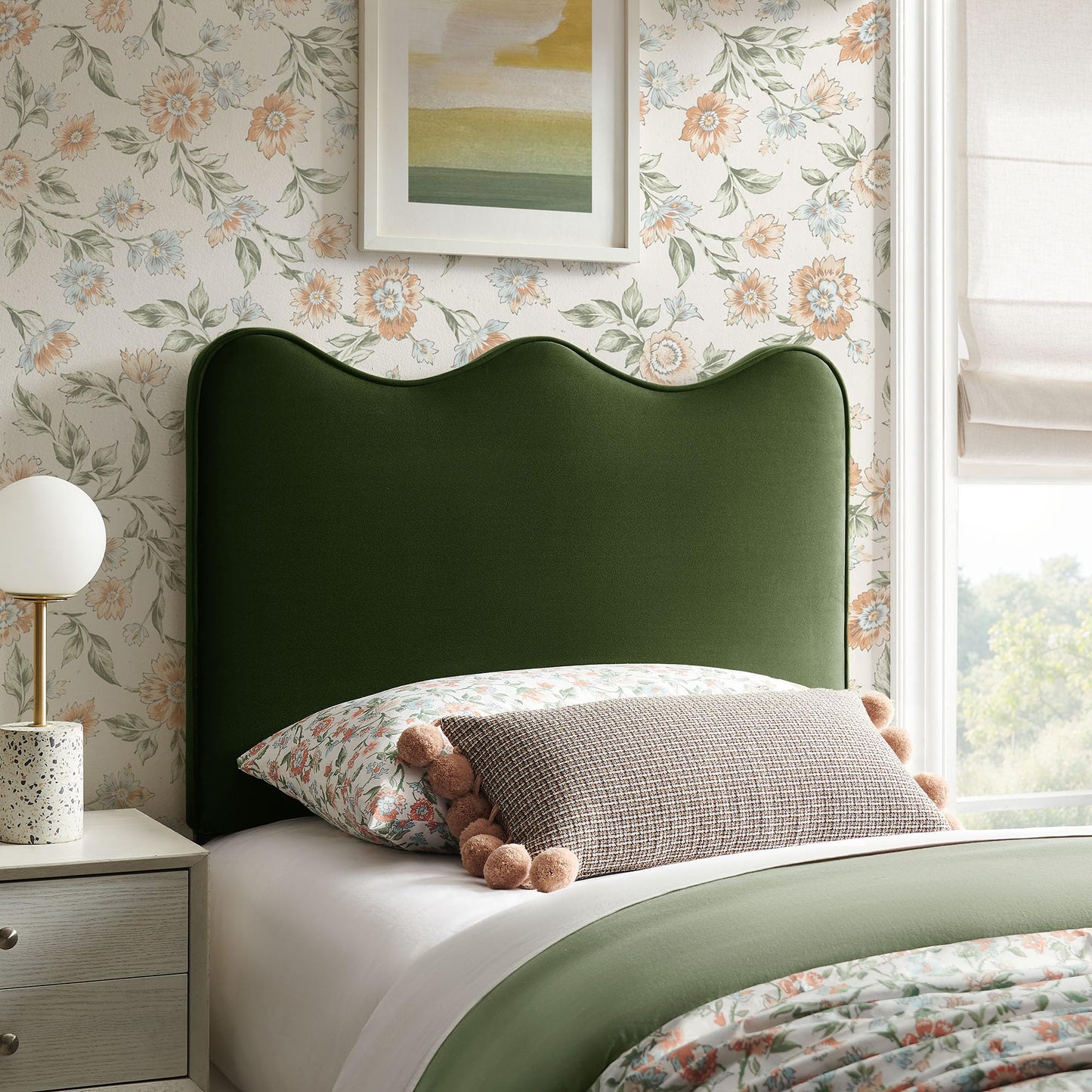 Monday Athena Twin Size Performance Velvet Adjustable Headboard in Moss Green - with Scalloped Wave Design and Stain-Resistant Velvet Upholstery