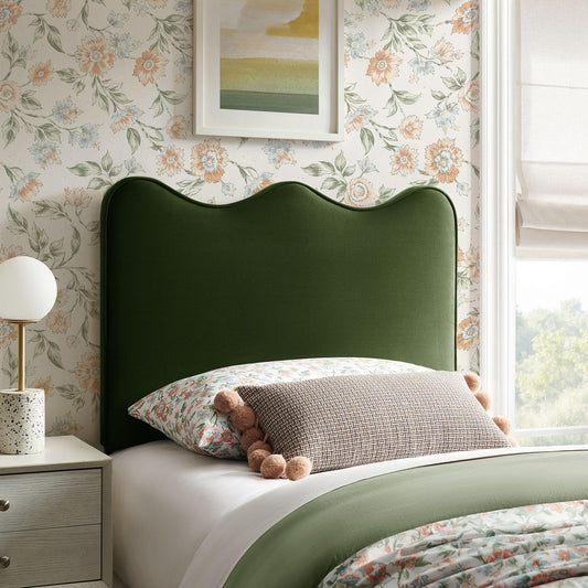 Monday Athena Twin Size Performance Velvet Adjustable Headboard in Moss Green - with Scalloped Wave Design and Stain-Resistant Velvet Upholstery