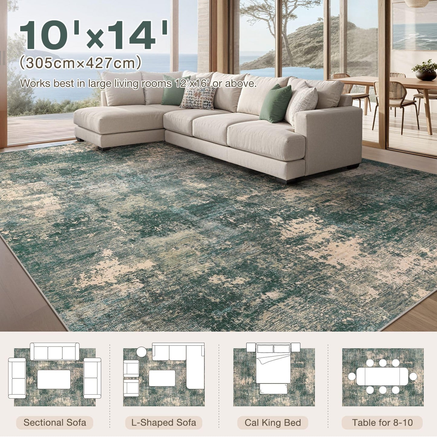 TARANCH Abstract 10x14 Area Rug: Machine Washable Non Slip Ultra Thin Low-Pile Carpet, Soft Stain Resistant for Living Dining Room Bedroom, Kid Pet Friendly, Robot Vacuum Compatible - Dark Green/Beige