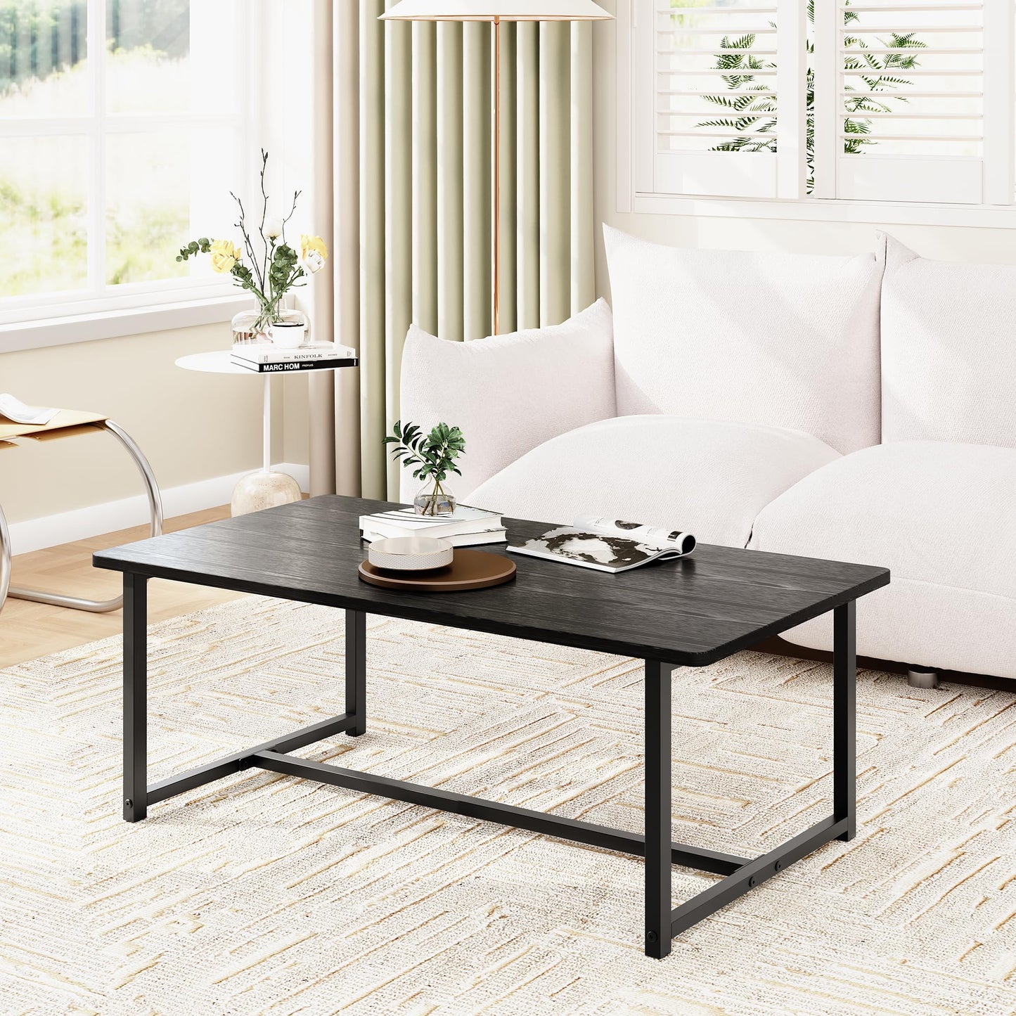 Coffee Table for Living Room, Modern Rectangular Center Coffee Tables for Small Space, Industrial Furniture, Sofa End Tables/Tea Table/Center Table, Couch Table with Metal Black Frame Black Top