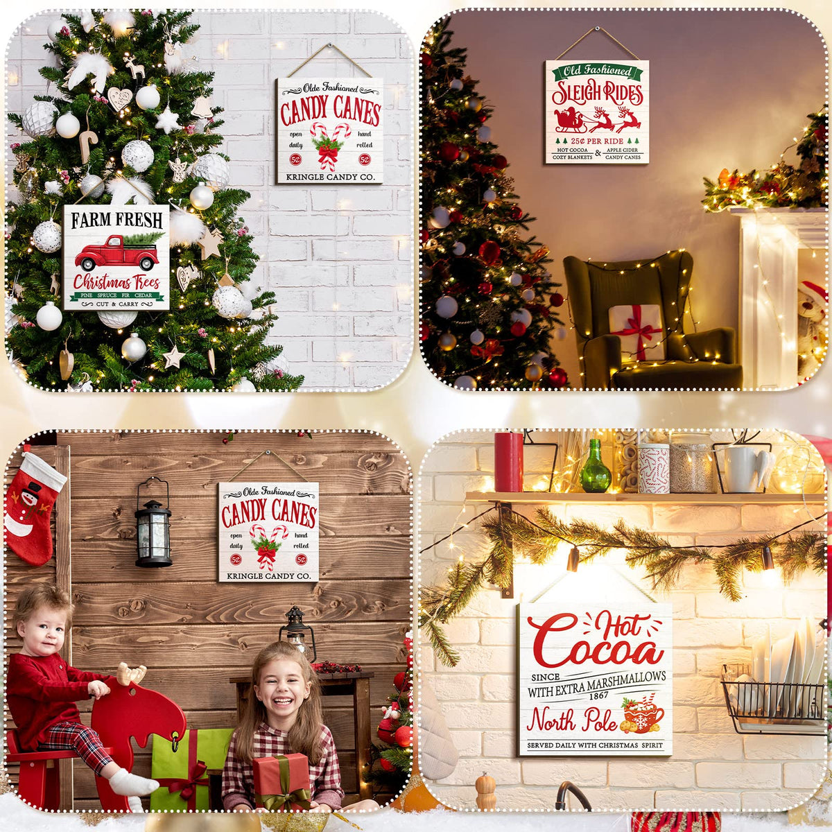 Pinkunn 4 Pieces Christmas Hanging Wooden Sign Christmas Wall Decorations Farm Fresh Hot Cocoa Candy Canes Sleigh Rides Deer Truck Decor Xmas Farmhouse Hanging Plaque for Home Porch Holiday