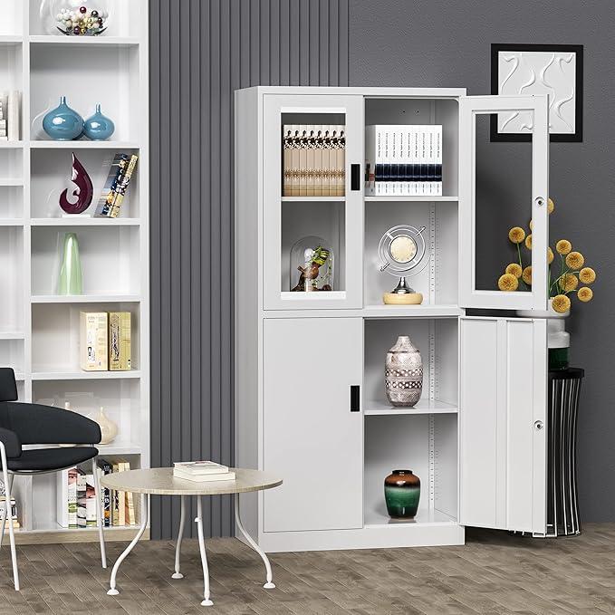 4 Door Display Cabinet with Adjustable Shelves, Locking Steel Storage Caninet