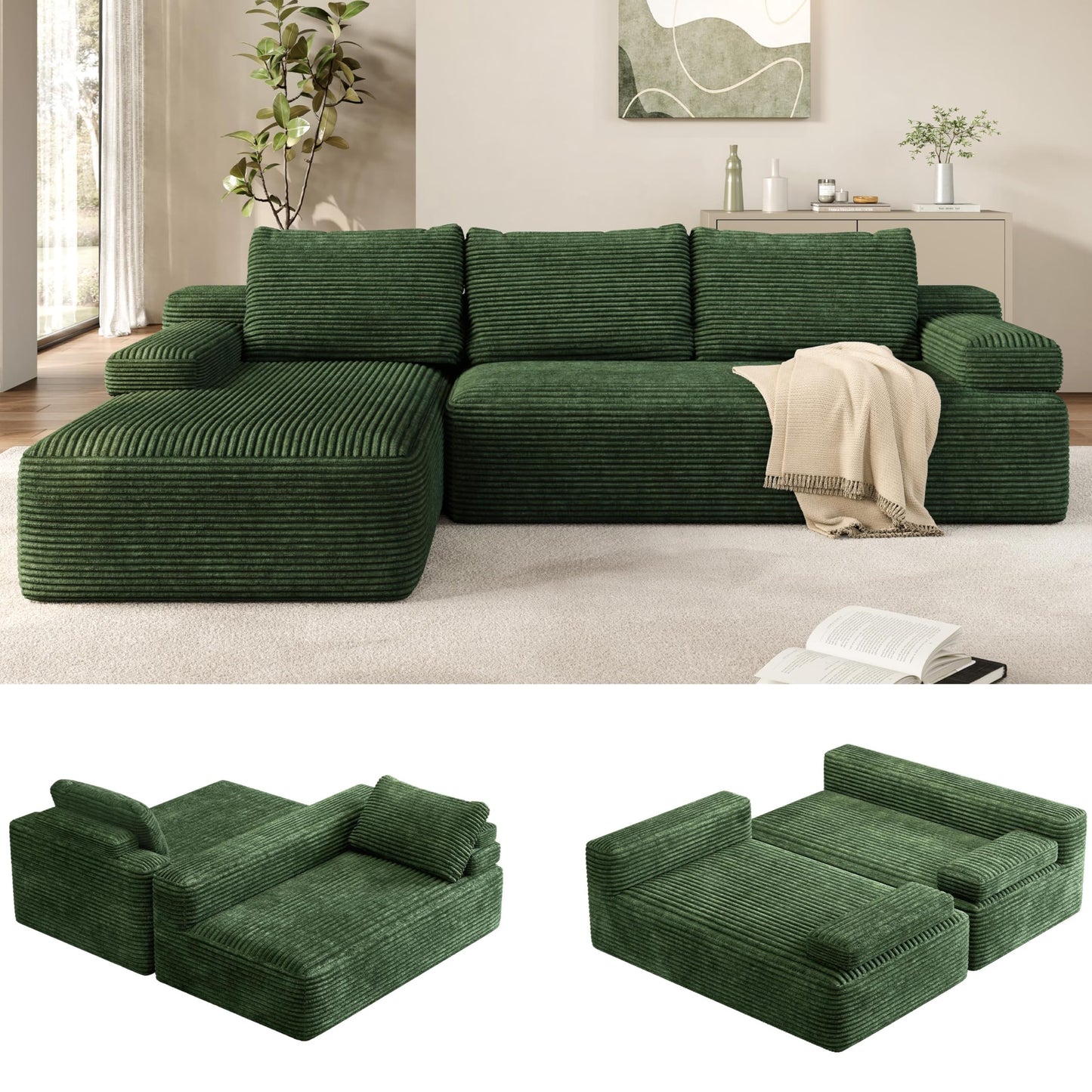 Yaheetech 110" Modular Sectional Sofa Corduroy Boneless Couch with Chaise L-Shape Cloud Couch with Detachable Pillows No Assembly Sofa for Living Room, Green