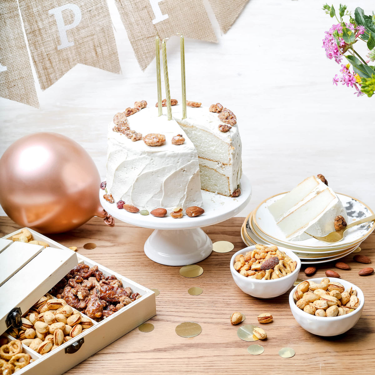 Happy Birthday Food Gift Basket, Healthy Nut Gift Tray, Birthday Snack Treat in Reusable Wooden Crate, Gourmet Assorted Food Delivery, Birthday Snack Box, For Men, Women and Families, Bonnie & Pop