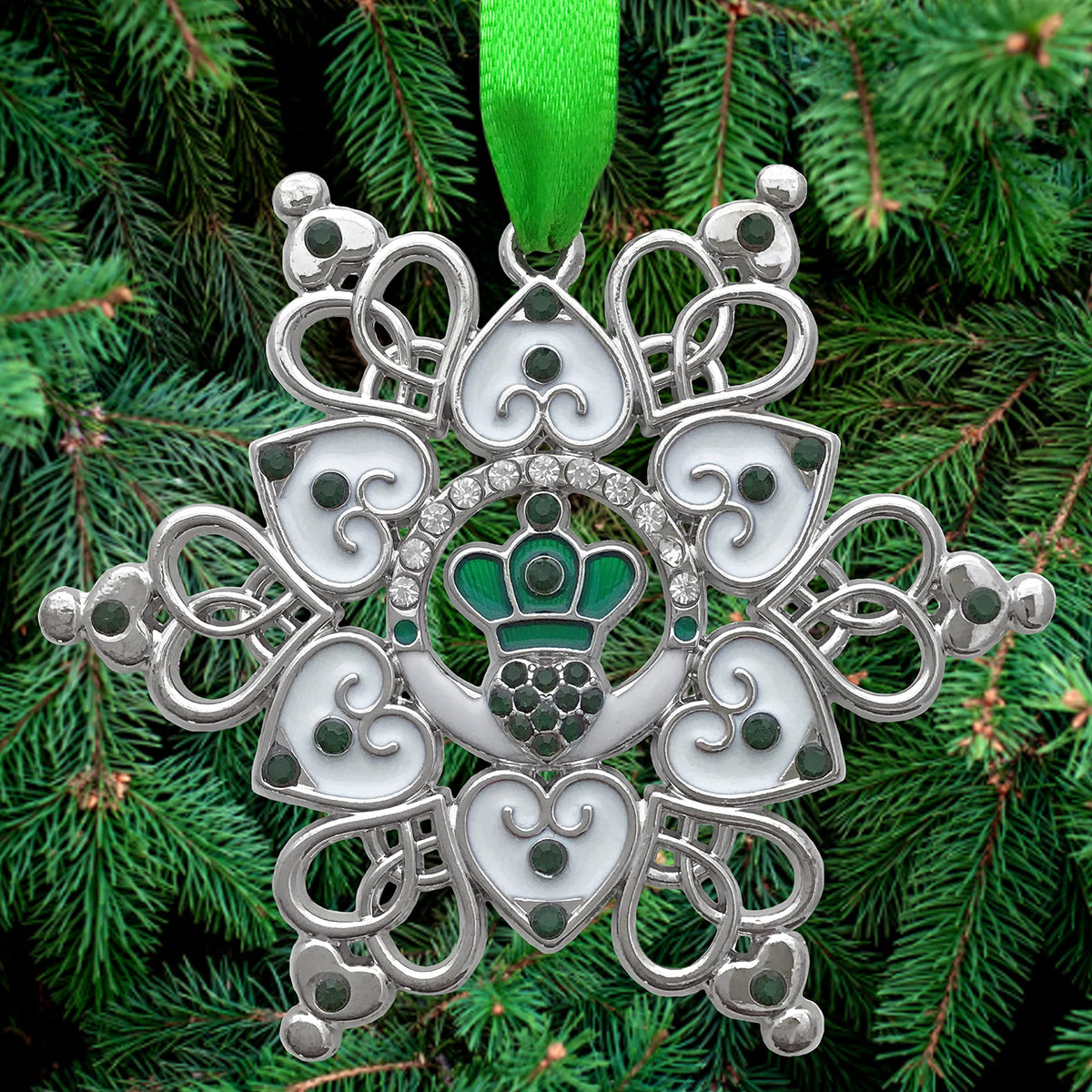 Irish Christmas Ornament Claddagh Snowflake, Filigree Metal Celtic Holiday Decoration with Green Jewels, 3 x 3 Inch Gift Ornament with Storage Bag, Irish Blessing for Family, Friends, Mom, Grandma