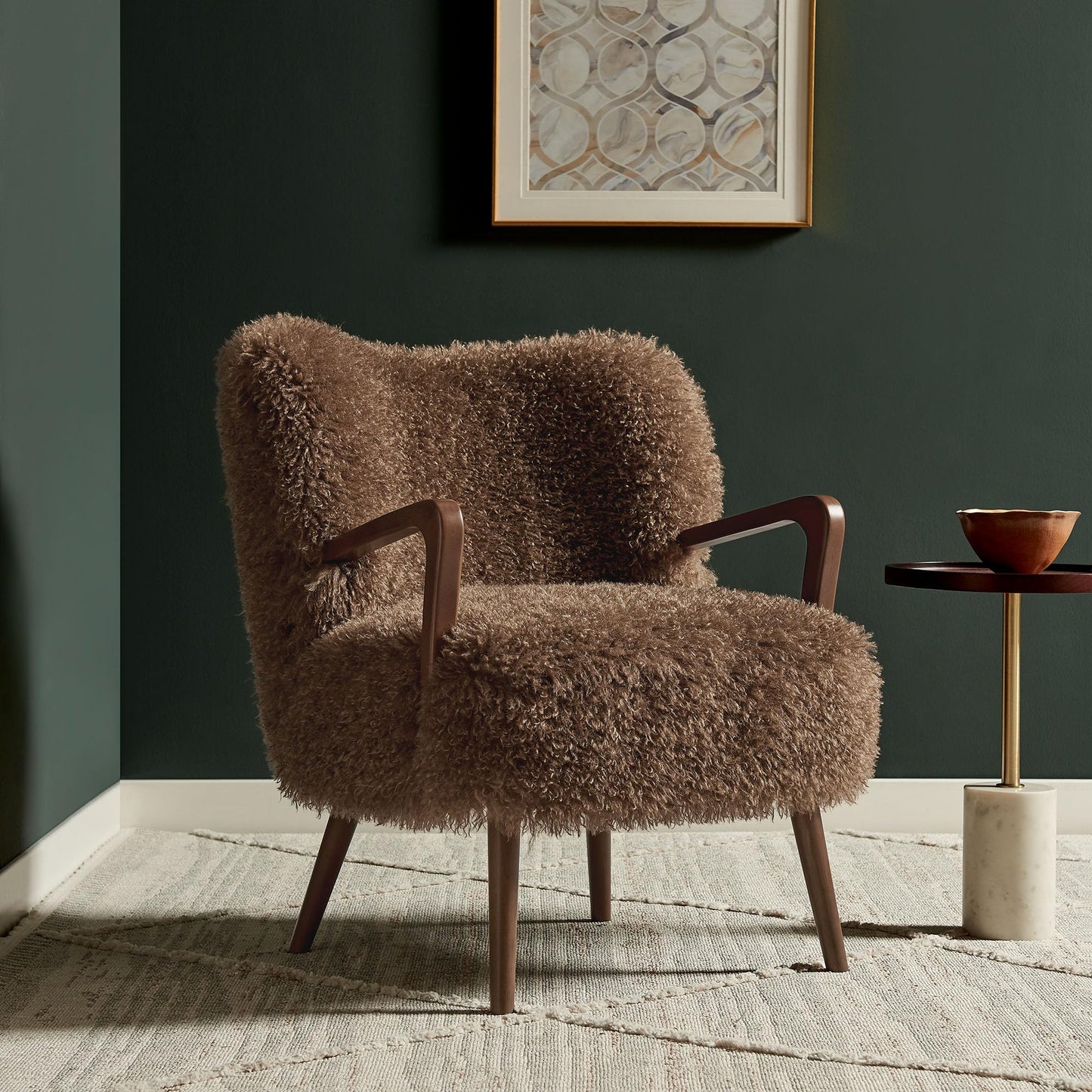 Modway Zerra Upholstered Faux Shearling Lounge Chair in Brown – Mid-Century Modern Accent Armchair with Wood Frame – Fuzzy Fabric Single Sofa Chair