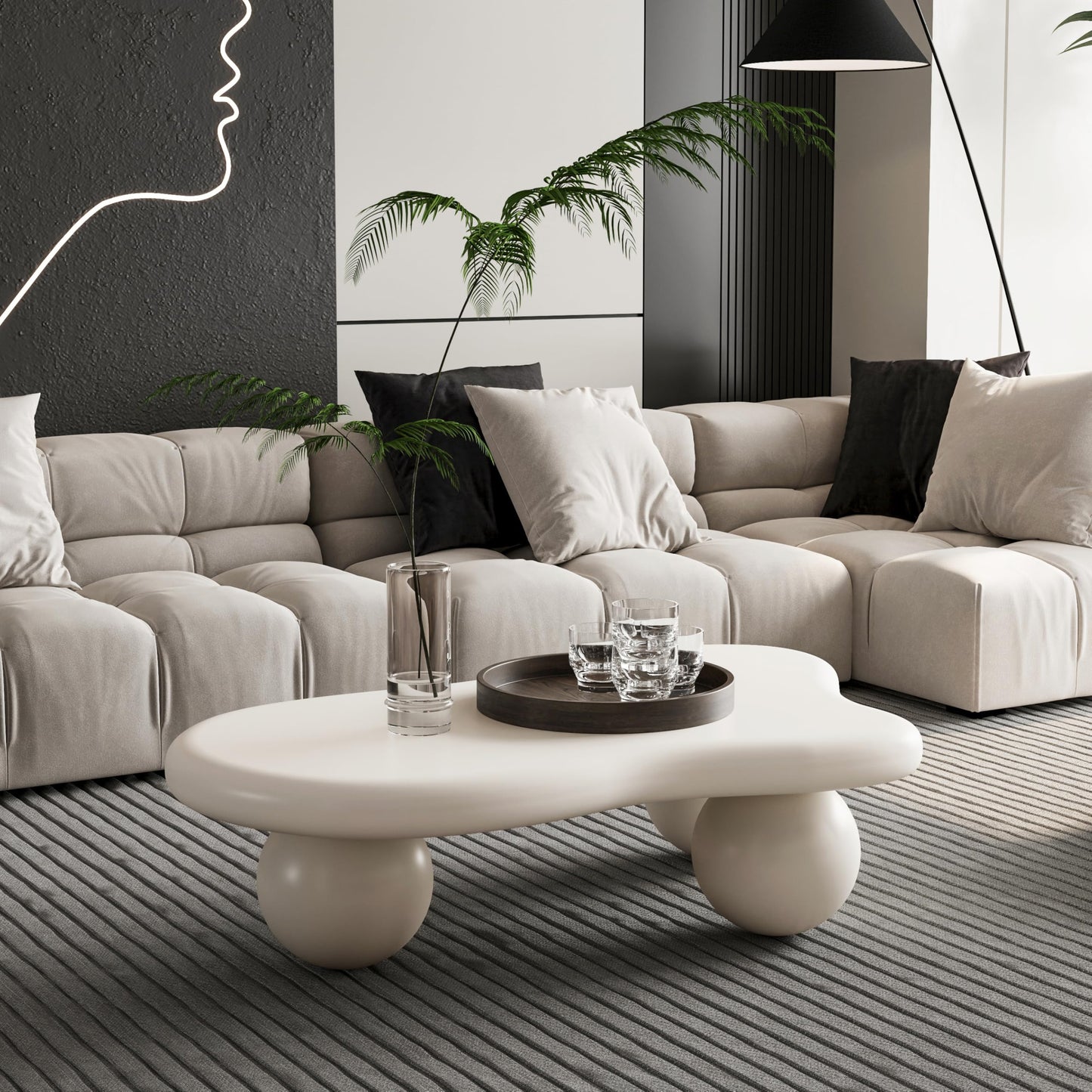 KEIKI 40" Cloud Shaped Coffee Table with 3 Ball Legs, Low Modern Wooden Coffee Table for Living Room, Office, or Small Spaces, Cream White