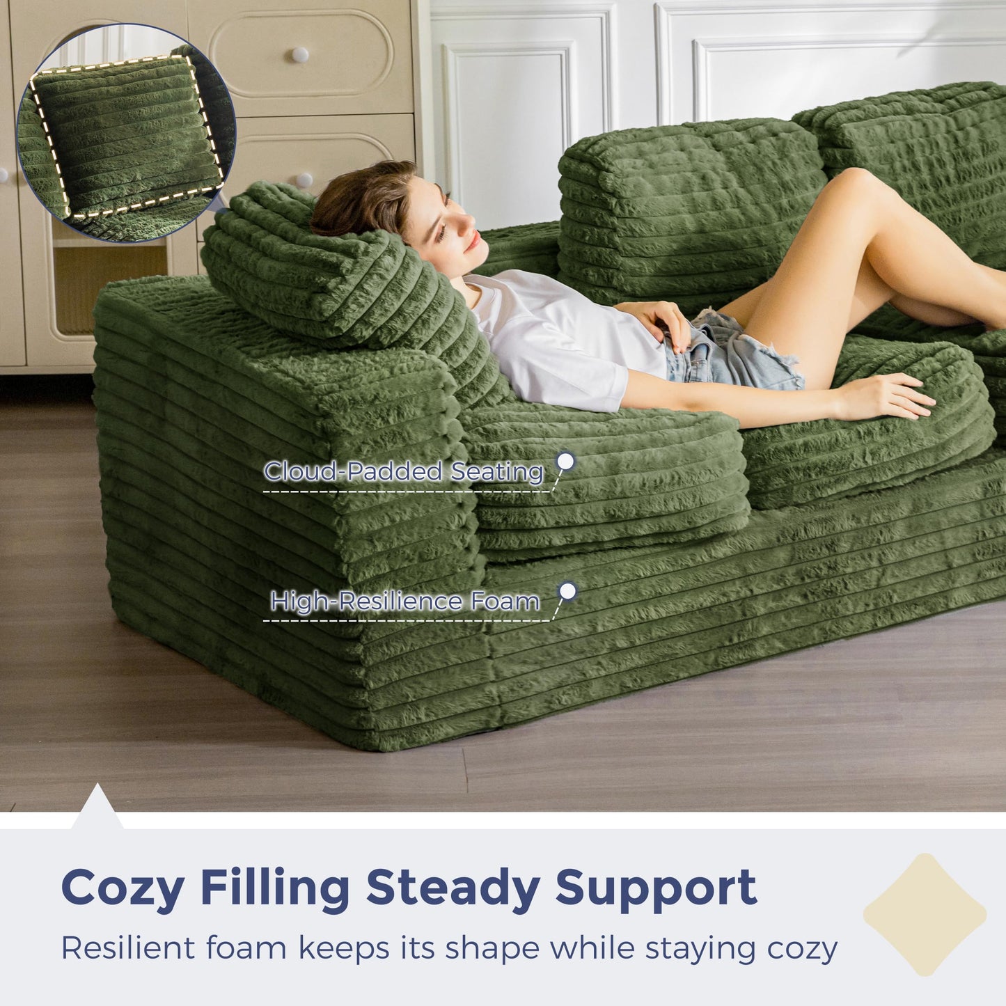 MAXYOYO 3-Seater Boneless Sofa Couch in a Box, Modern Faux Fur Sofa for Living Room, Soft High-Density Foam Couch with Pillows, Fluffy & Supportive Lounge, No Assembly Required, Green