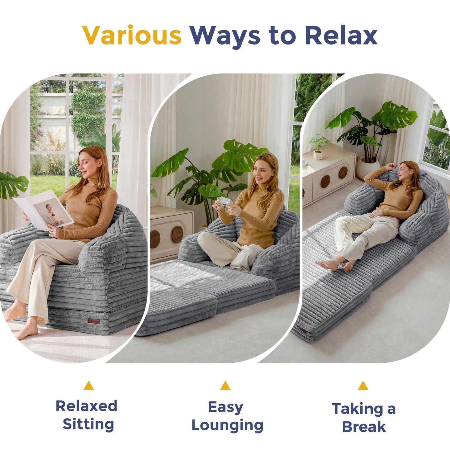 MAXYOYO Folding Sofa Bed, 2 in 1 Convertible Sofa to Lounger Comfy Faux Fur Bean Bag Chair for Adults, Floor Single Couch Chair with Handle, Couch Bed for Living Room Bedroom, Grey