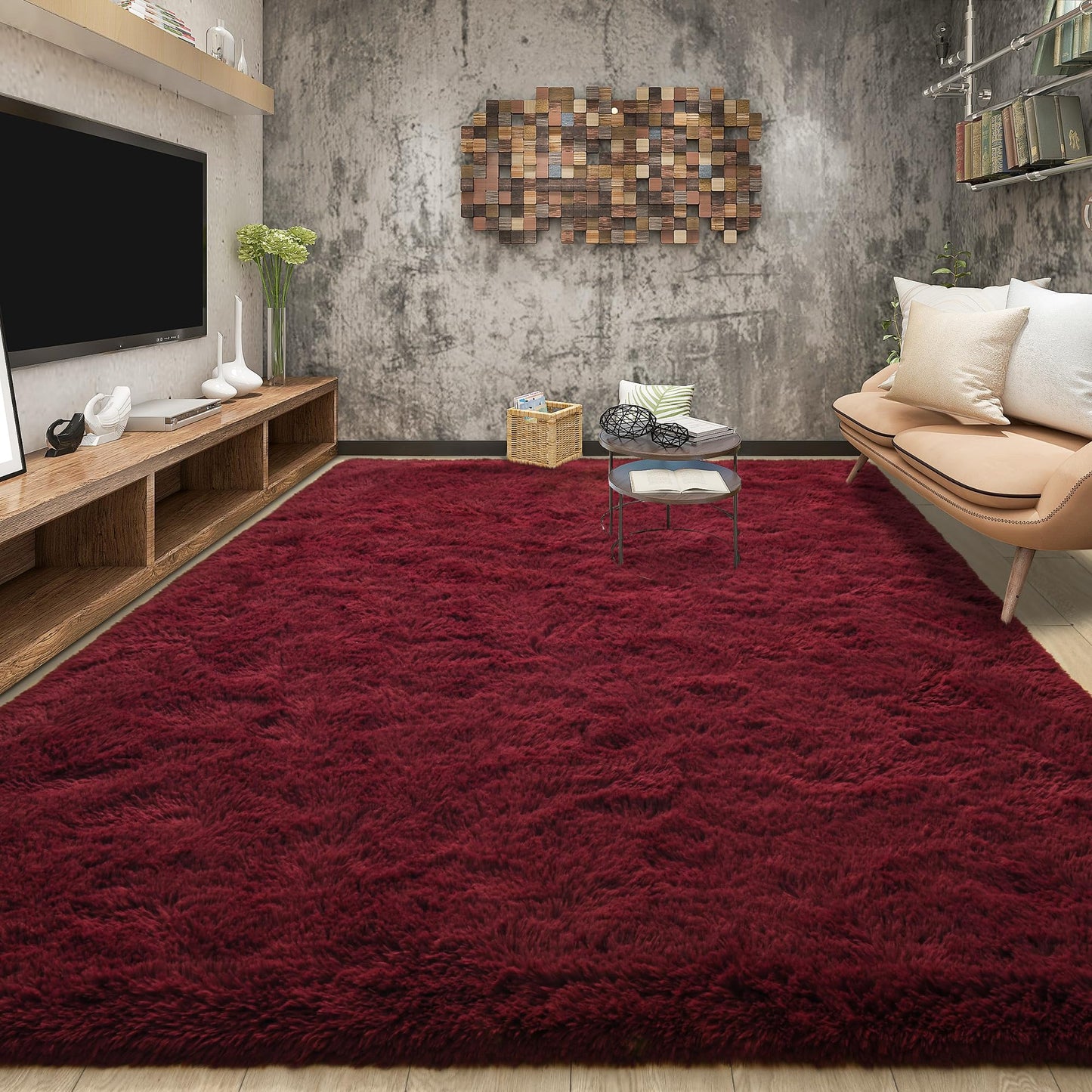 Tepook Soft Fluffy Rugs for Bedroom, 4x6 Area Rug for Living Room, Modern Shaggy Room Rug for Kids Boys Girls, Plush Throw Rugs Indoor Nursery Home Decor Rug with Non-Slip Bottom, Burgundy Red