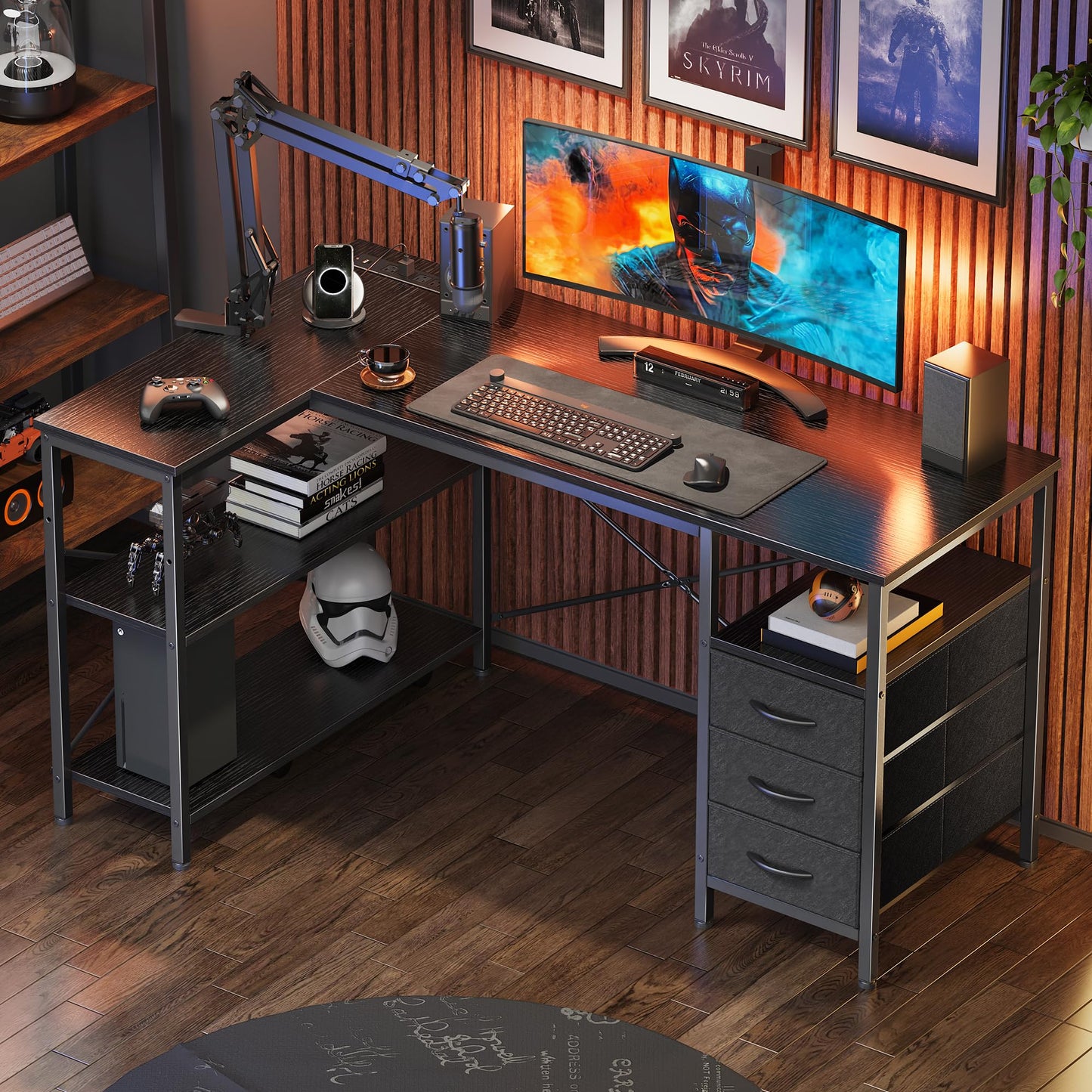 Huuger L Shaped Office Desk with Power Outlets, 47 Inch Computer Desk with 3 Drawers, Shelves, for Gaming, Corner Work, Home Office, Study, Black