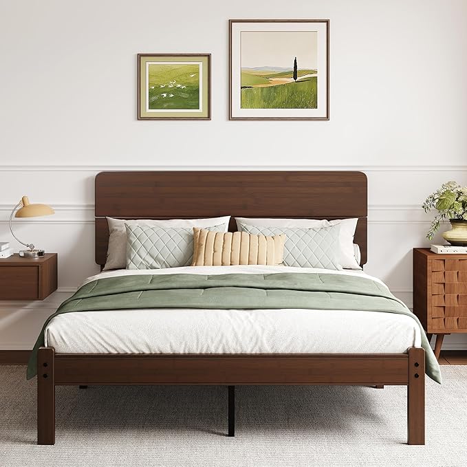 BOSRII 14in High Solid Bamboo Wood Platform Queen Size Bed Frame