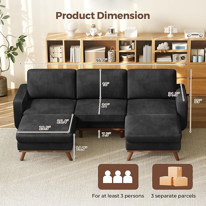 Vesgantti 97" Modular Sectional Sofa Black, U-Shaped Couch