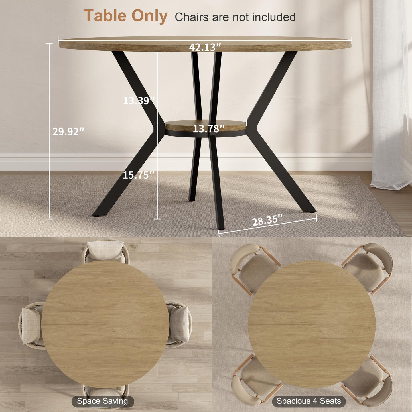 MECHYIN 42'' Round Dining Table for 2–4, Farmhouse Round Kitchen Table with Storage Shelf, Pedestal Dinner Table, Wood Top & Metal Base, Small Space Table for Apartment, Dining Room, Light Oak