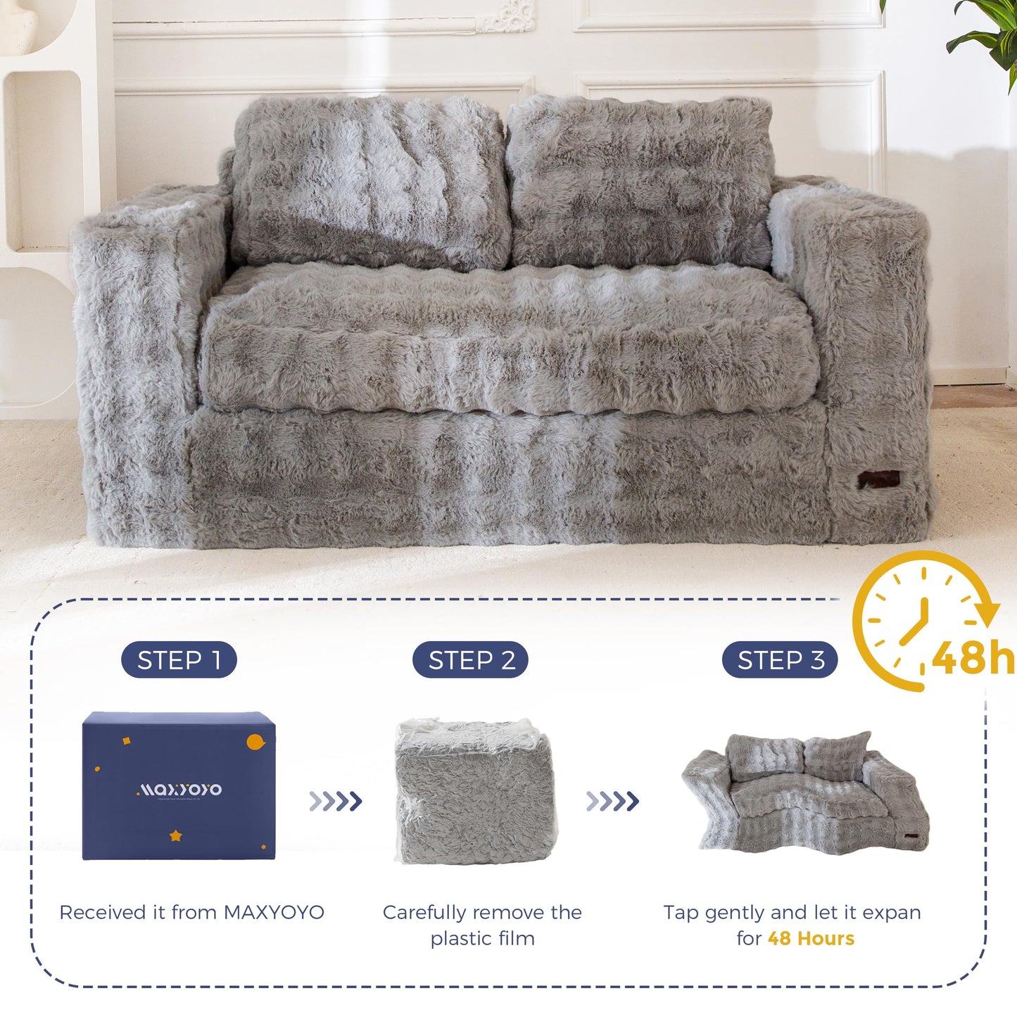 MAXYOYO Loveseat Sofa for Living Room, Small Sofa Couch Tufted Boneless Couch, Comfy Bean Bag Chair for Small Space Bedroom Apartment, No Assembly Needed, Grey