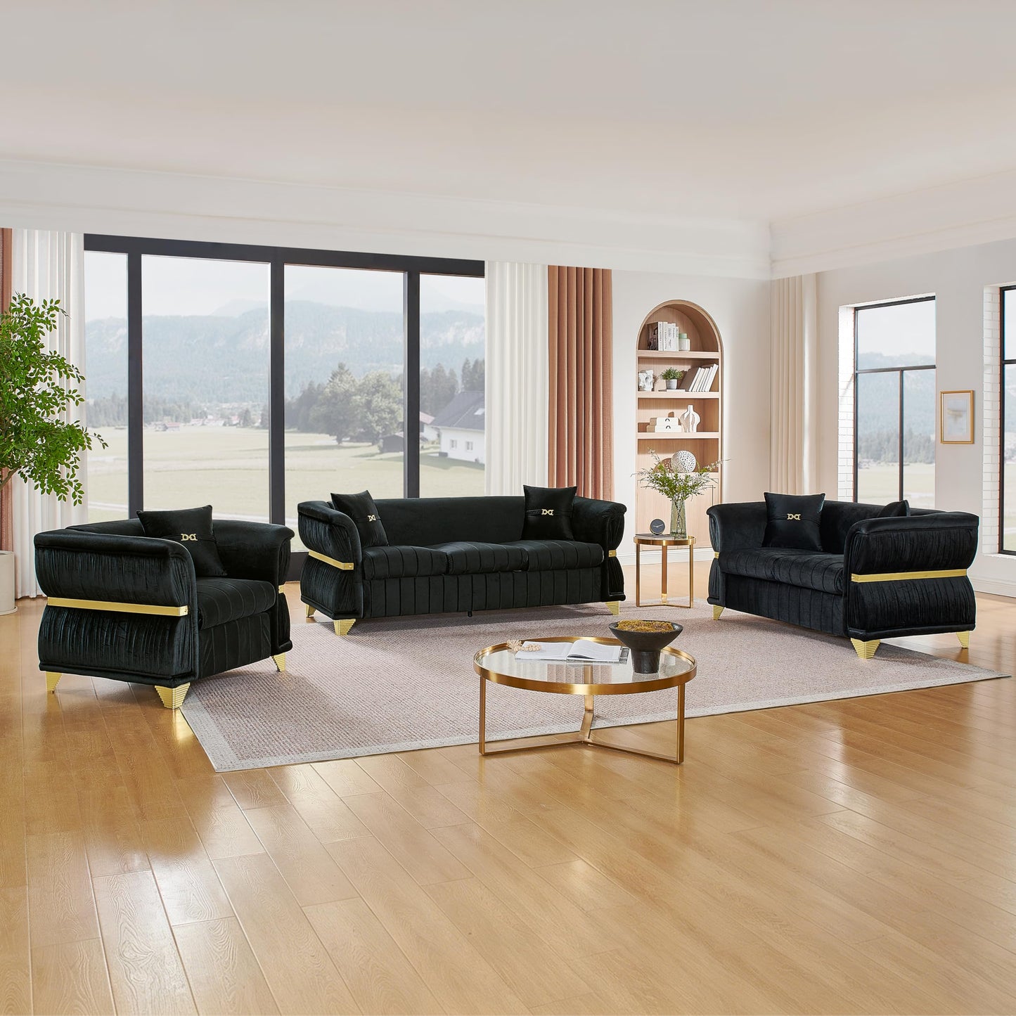 KEIKI 3-Piece Luxury Chesterfield Sofa Set with 1 Oversized Velvet 3-Seater Sofa & 1 Loveseat & 1 Single Sofa, 6-Seater Couch Set with 5 Pillow and Gold Stainless Decoration, for Living Room, Black