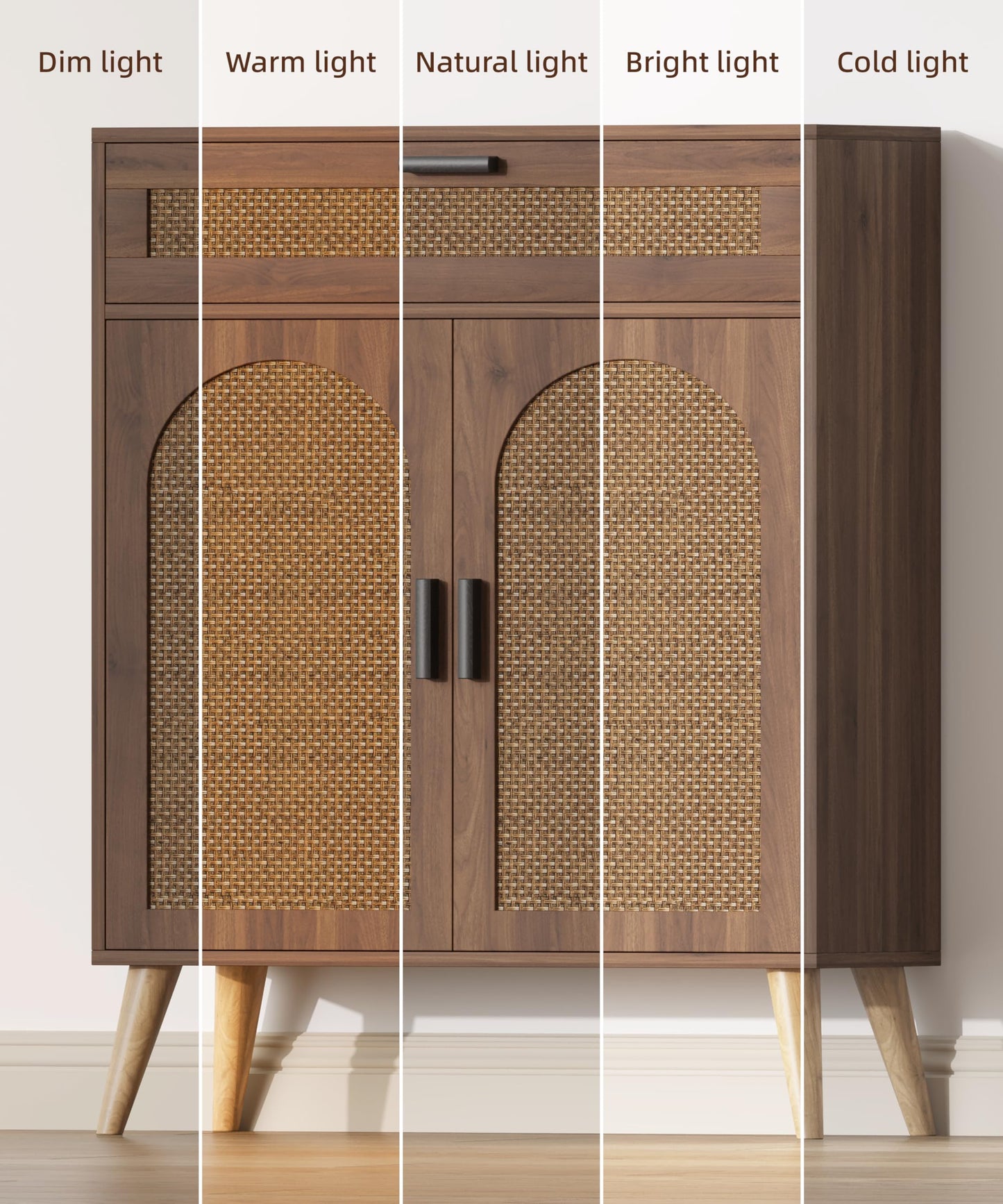 Kaiershi Rattan Buffet Cabinet with Storage, Sideboard with Drawer & Adjustable Shelf, Accent Kitchen Floor Storage Cabinet with 2 Doors & Solid Wood Feet, Coffee Bar for Living Room, Entryway, Walnut