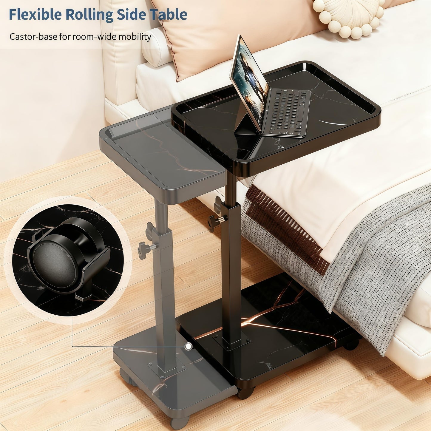 SJIE C Table End Table Adjustable Height, 360°Swivel TV Tray Table for Small Spaces, Side Tables with Wheels for Living Room and Bedroom, Bed (Black-15.7 x 11.8 inches)