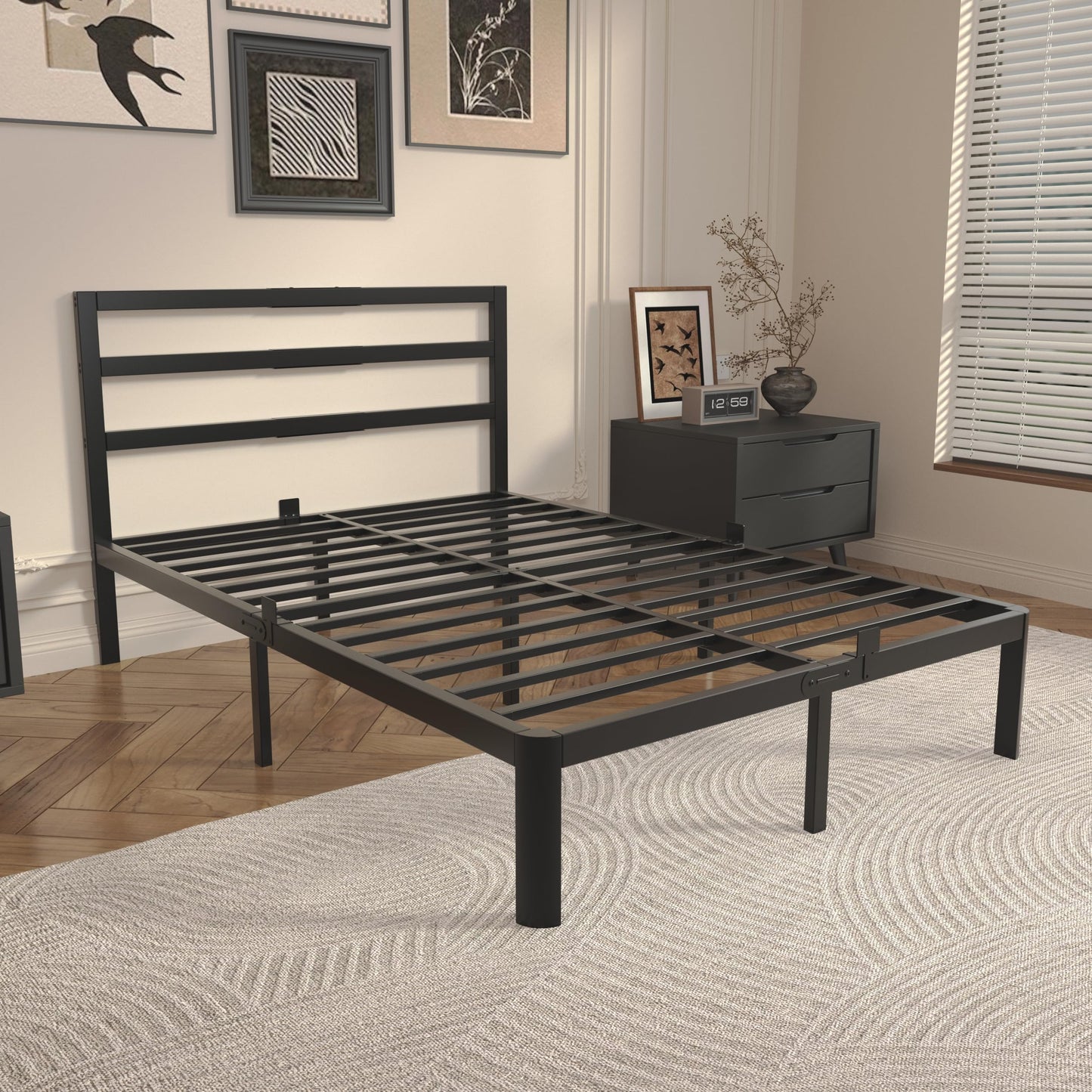 ZKQ 14 Inch Full Bed Frame with Headboard, Black Metal Full Size Bed Frame, No Box Spring Need, Anti-Slip Gaskets, Noise-Free, Heavy Duty Steel Platform Support, Easy Assembly