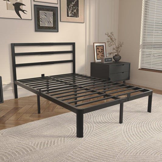 ZKQ 14 Inch Full Bed Frame with Headboard, Black Metal Full Size Bed Frame, No Box Spring Need, Anti-Slip Gaskets, Noise-Free, Heavy Duty Steel Platform Support, Easy Assembly