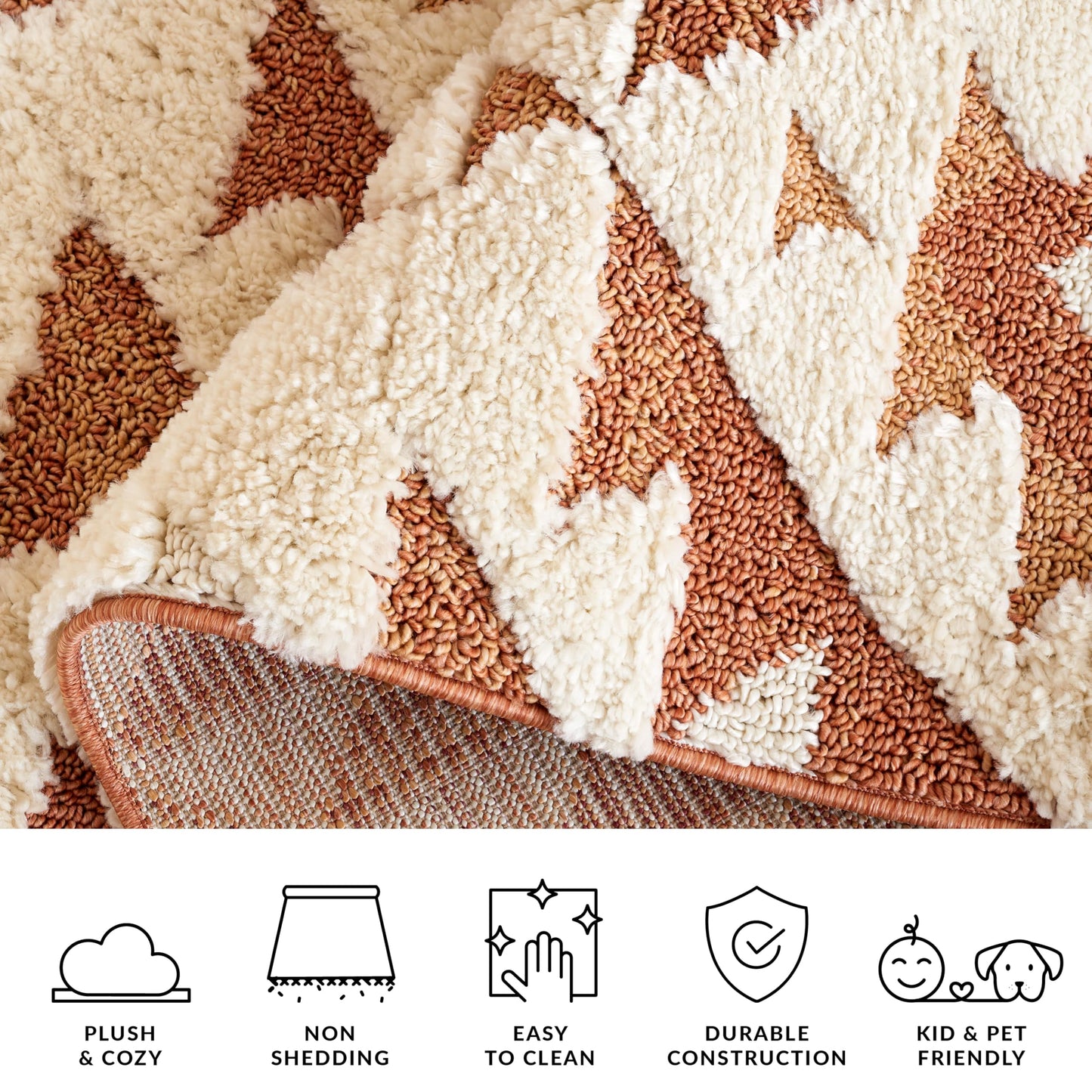 SAFAVIEH Moroccan Tassel Shag Collection Area Rug - 3' Square, Ivory & Brick Rust, Non-Shedding & Easy to Clean, Plush High-Low Texture, Ideal for Living Room, Bedroom, Dining Space (MTS688P)
