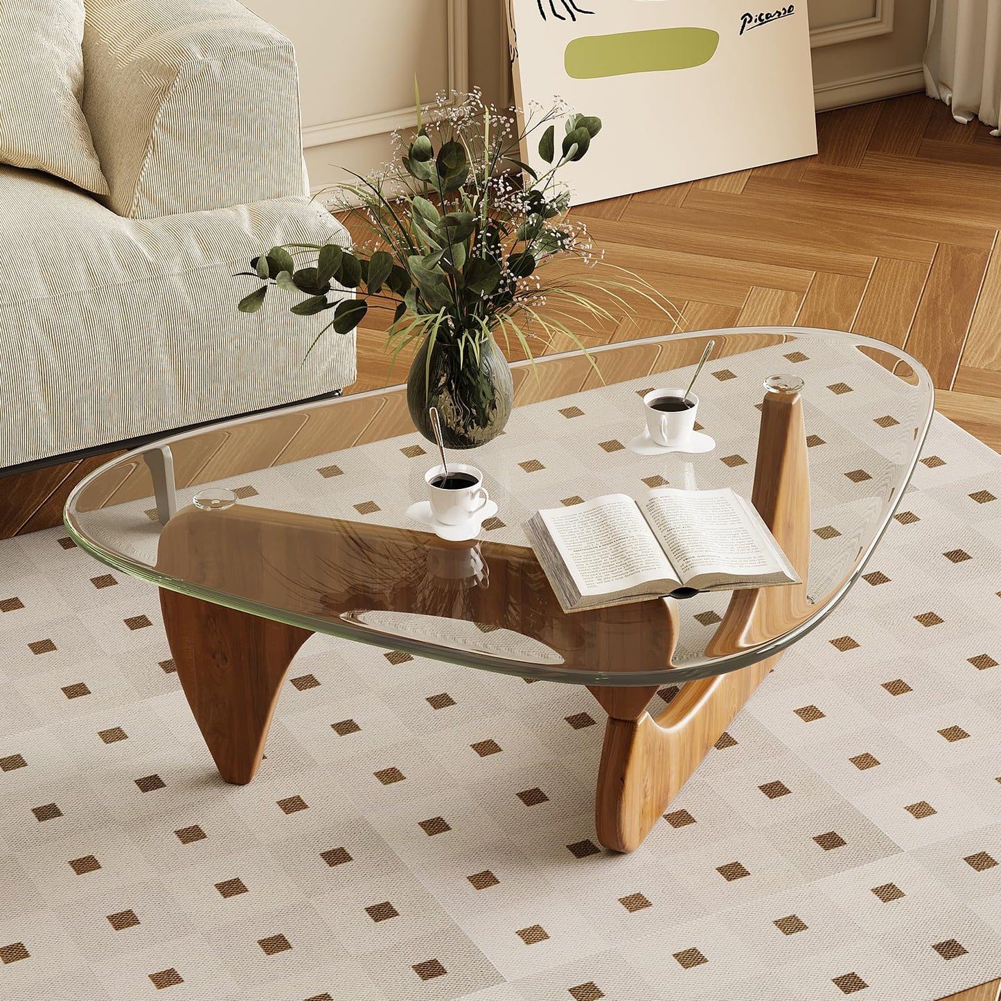 JCAJCA Coffee Table for Living Room Mid Century Modern Center Table with Glass Top and Wood,36 Inch, Transparent/Walnut