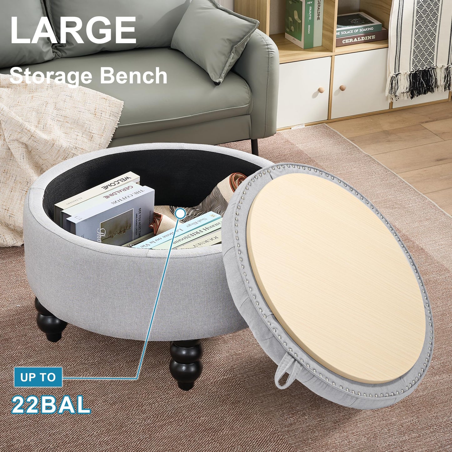 UDAX 30 Inch Round Ottoman with Storage, Tufted Linen Storage Bench for Bedroom, Living Room & Entryway, Modern Upholstered Coffee Table with Wooden Black Legs, Light Grey