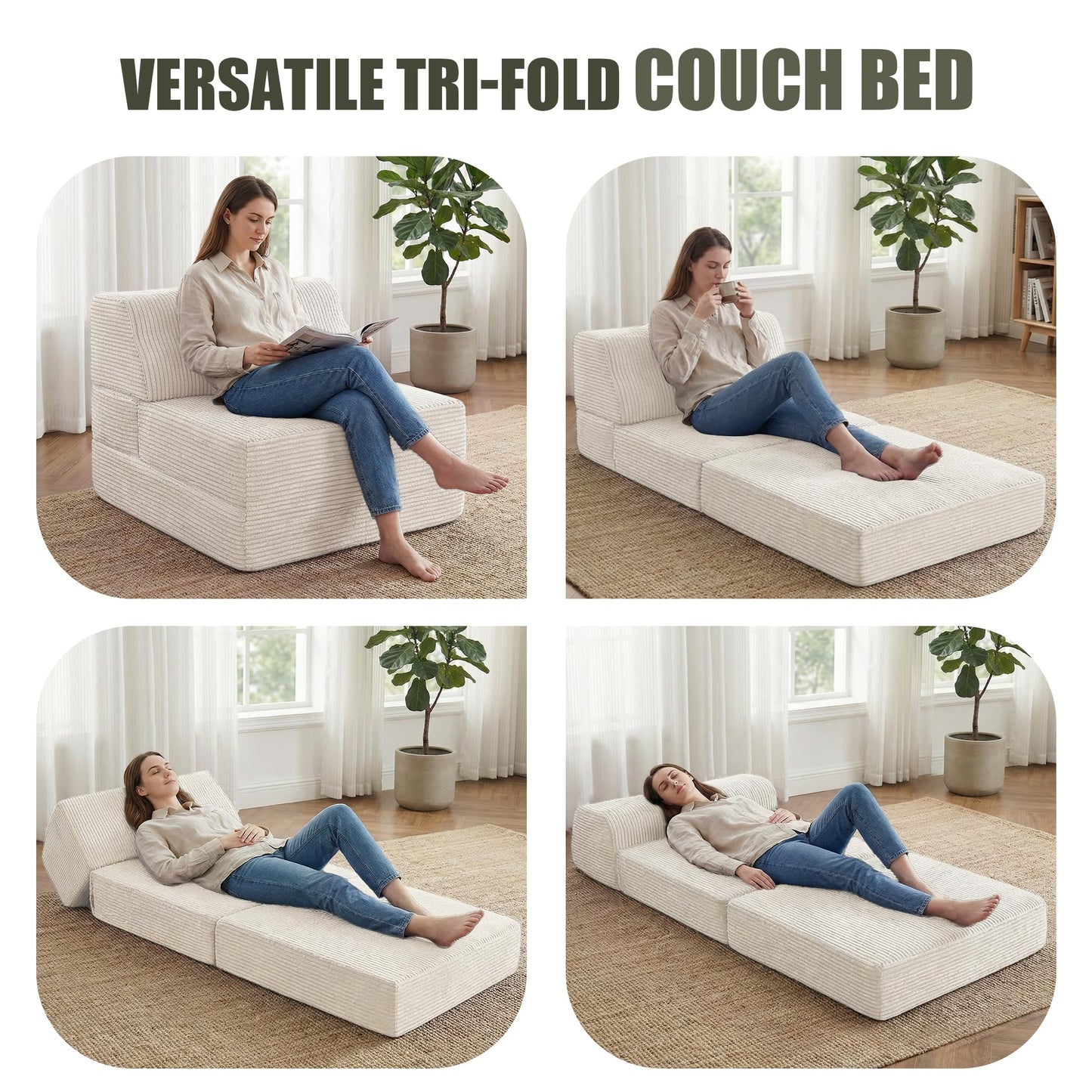 Kasunpul Folding Sofa Bed with Pillow, Memory Foam Fold Out Chair Bed, Convertible Sleeper Chair with Washable Cover, Futon Floor Couch for Living Room/Dorm/Guest Use/Home Office/Apartment, Beige