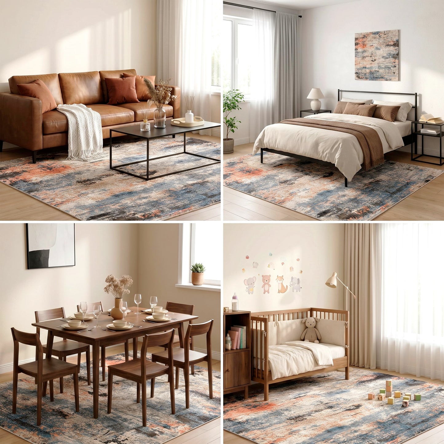 Cnythlis Low Pile Area Rug for Home Office Under Desk, Washable Abstract Carpet Robot Vacuum Compatible 0.3 Inch Cotton-Backed Non-Slip Silicone Grip Dining Room Mat, Terracotta Blue, 5'x7'