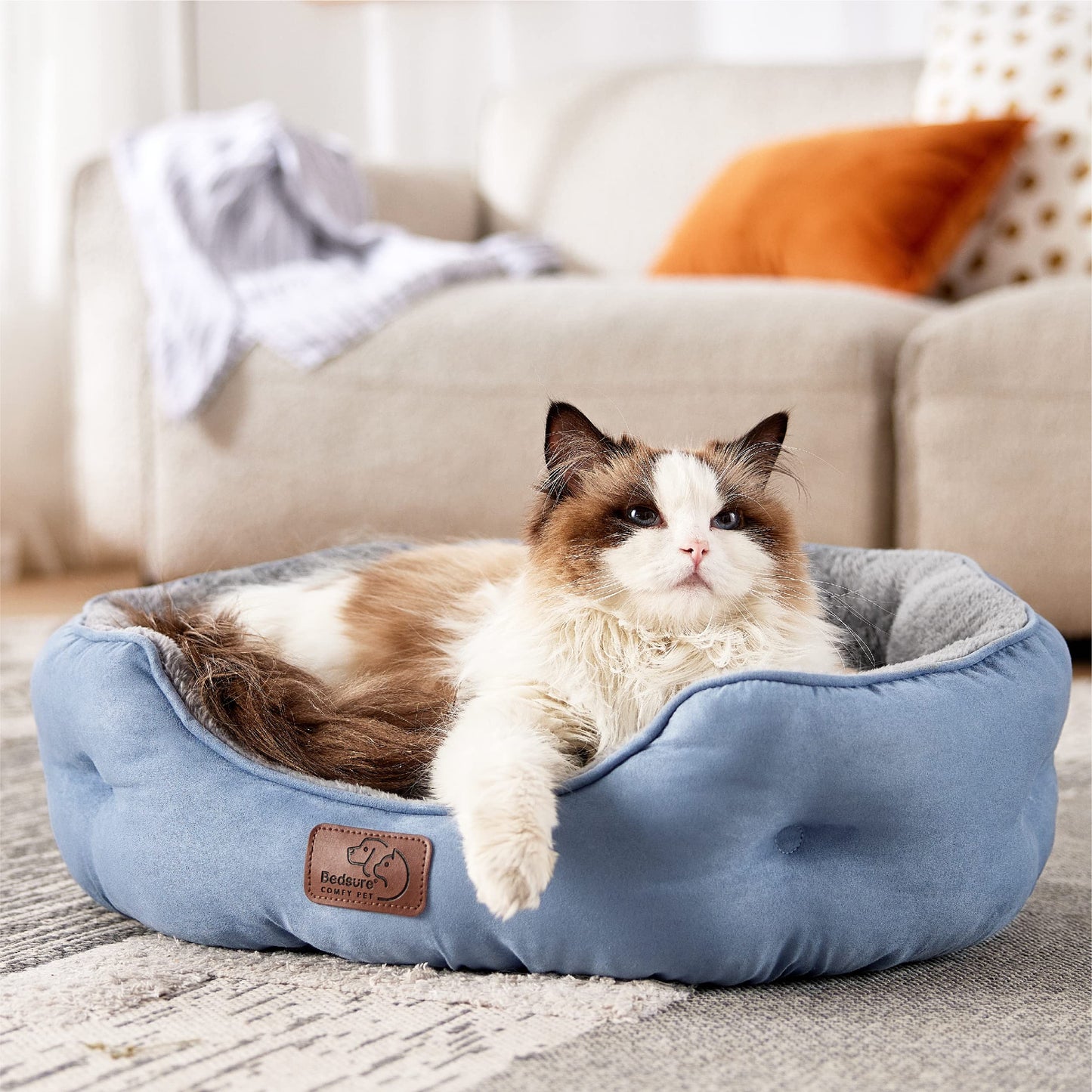 Bedsure Dog Beds for Small Dogs - Round Cat Beds for Indoor Cats, Washable Pet Bed for Puppy and Kitten with Slip-Resistant Bottom, 20 Inches, Frost Blue
