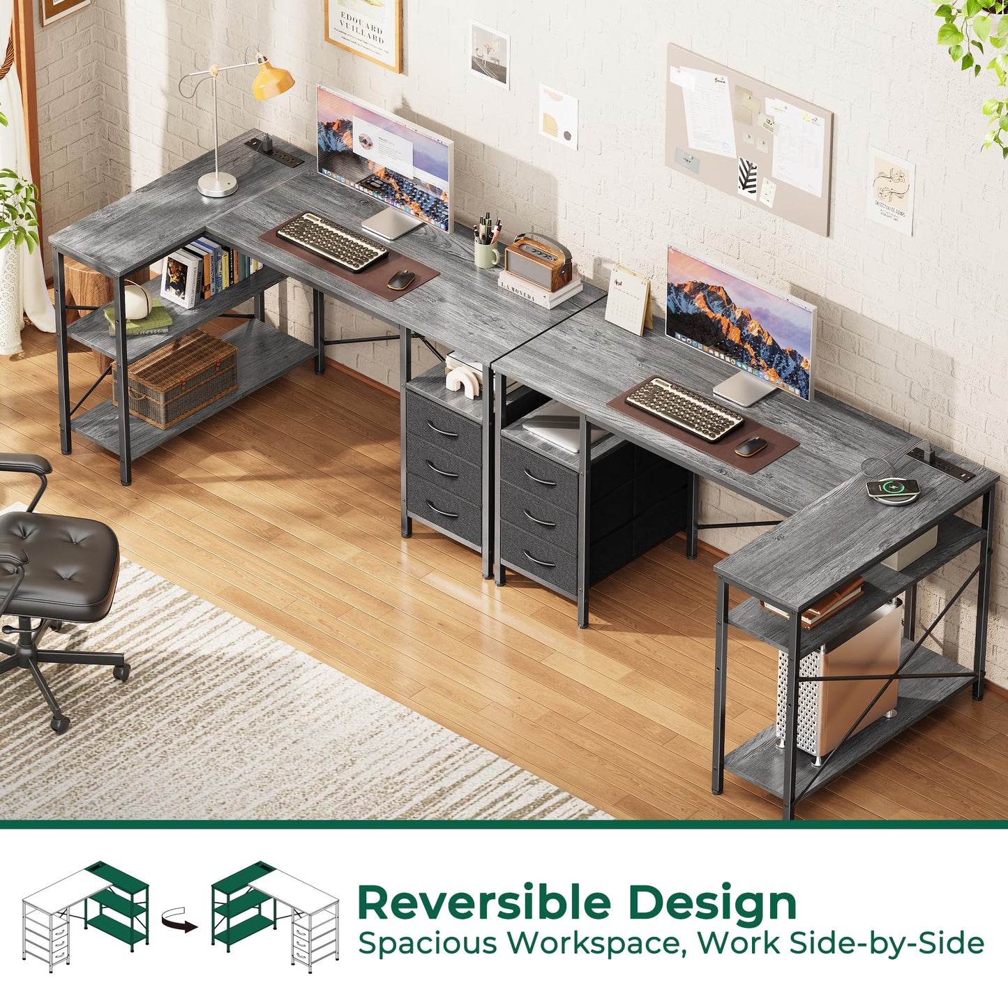 Huuger L Shaped Office Desk with Power Outlets, 47 Inch Computer Desk with 3 Drawers, Shelves, for Gaming, Corner Work, Home Office, Study, Grey