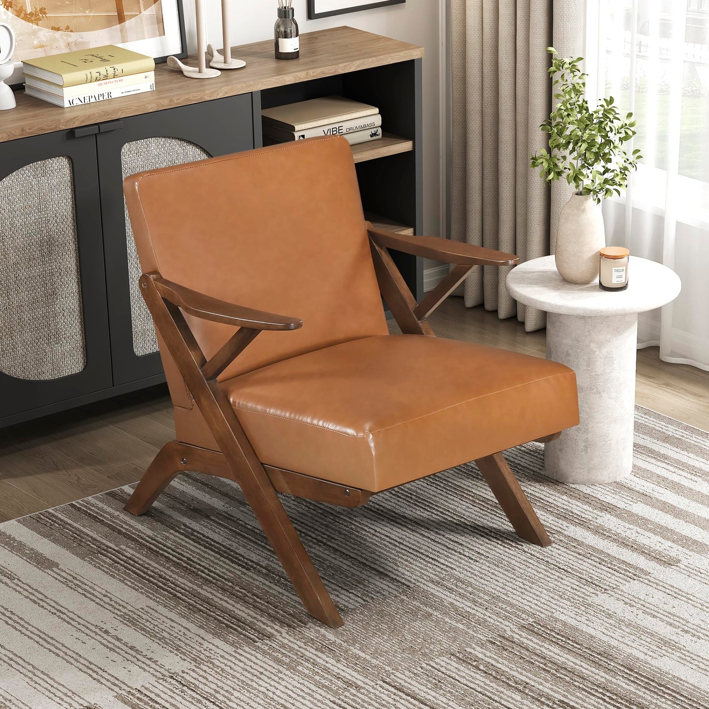 Lexicon Mid Century Modern Accent Chair, Faux Leather Upholstered Lounge Seat, Brown Finish Solid Wood Framed Comfy Side Chair for Living Room/Bedroom/Office/Waiting Area, Brown