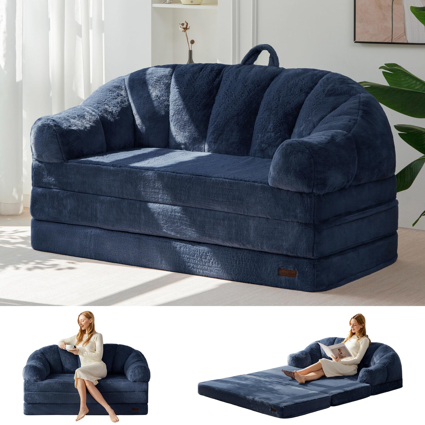 MAXYOYO Folding Sofa Bed, 2 in 1 Convertible Sofa to Lounger Comfy Loveseat Bean Bag Chair for Adults, Floor Couch with Handle, Faux Fur Couch Bed for Living Room Bedroom, Navy, Loveseat