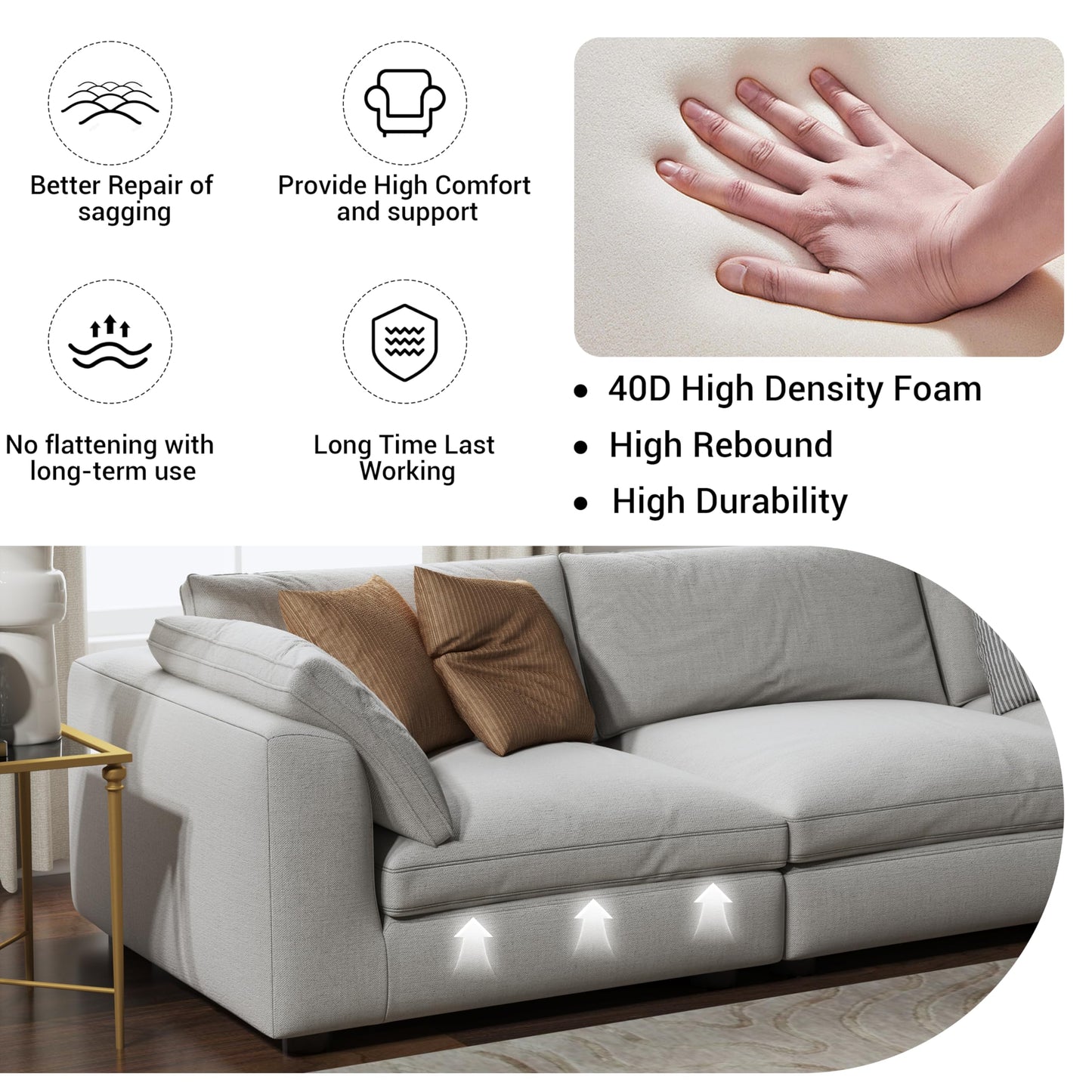 N NOORDENIYA Couch Cushion Support for Sagging Seat, High Density Foam Sofa Support Replacement for Furniture, Curved Couch Supporter for Under The Cushions, Beige Set of 3