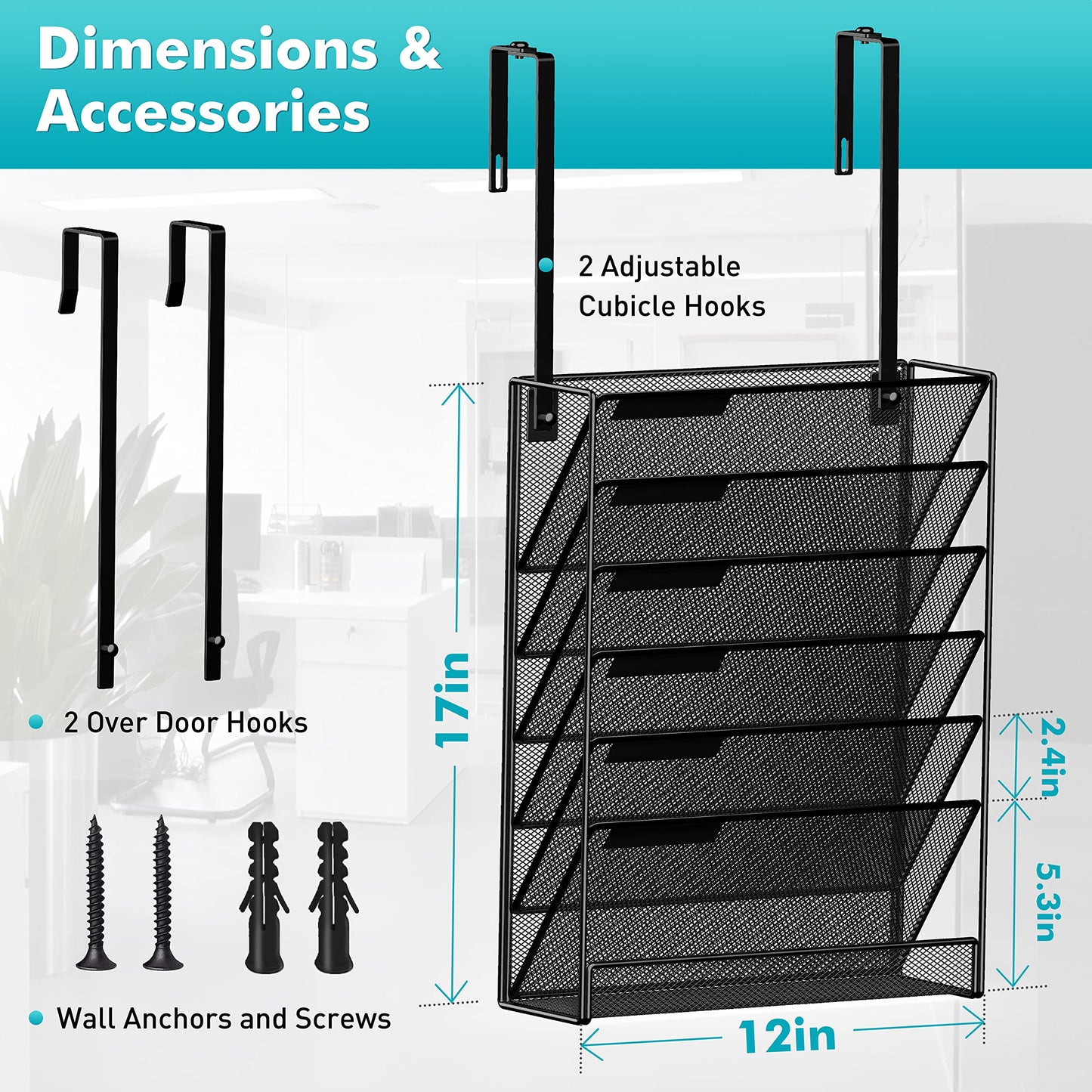 Delifox 7-Compartment Wall Mounted Hanging File Organizer Cubicle Wall File Holder Vertical Document Organizer for Office Home, Black