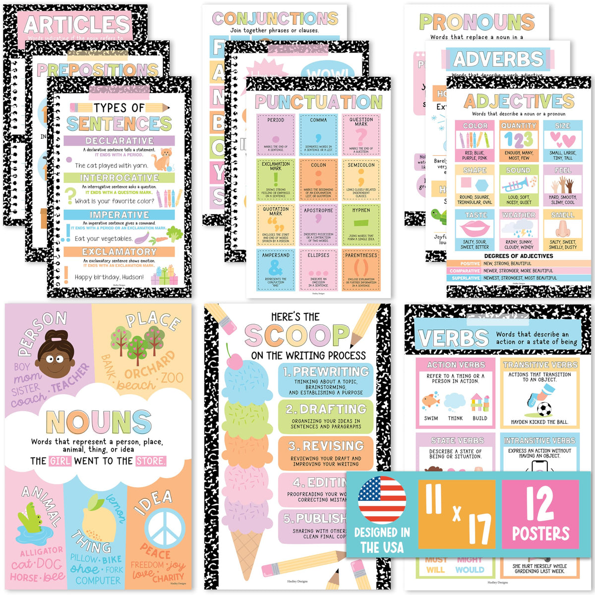 Parts of Speech Posters for Classroom Must Haves - 12 Grammar Posters, Writing Process for Homeschool, Elementary & Middle School, ELA 3rd 4th & 5th Grade Teacher Must Haves, Pastel Classroom Decor