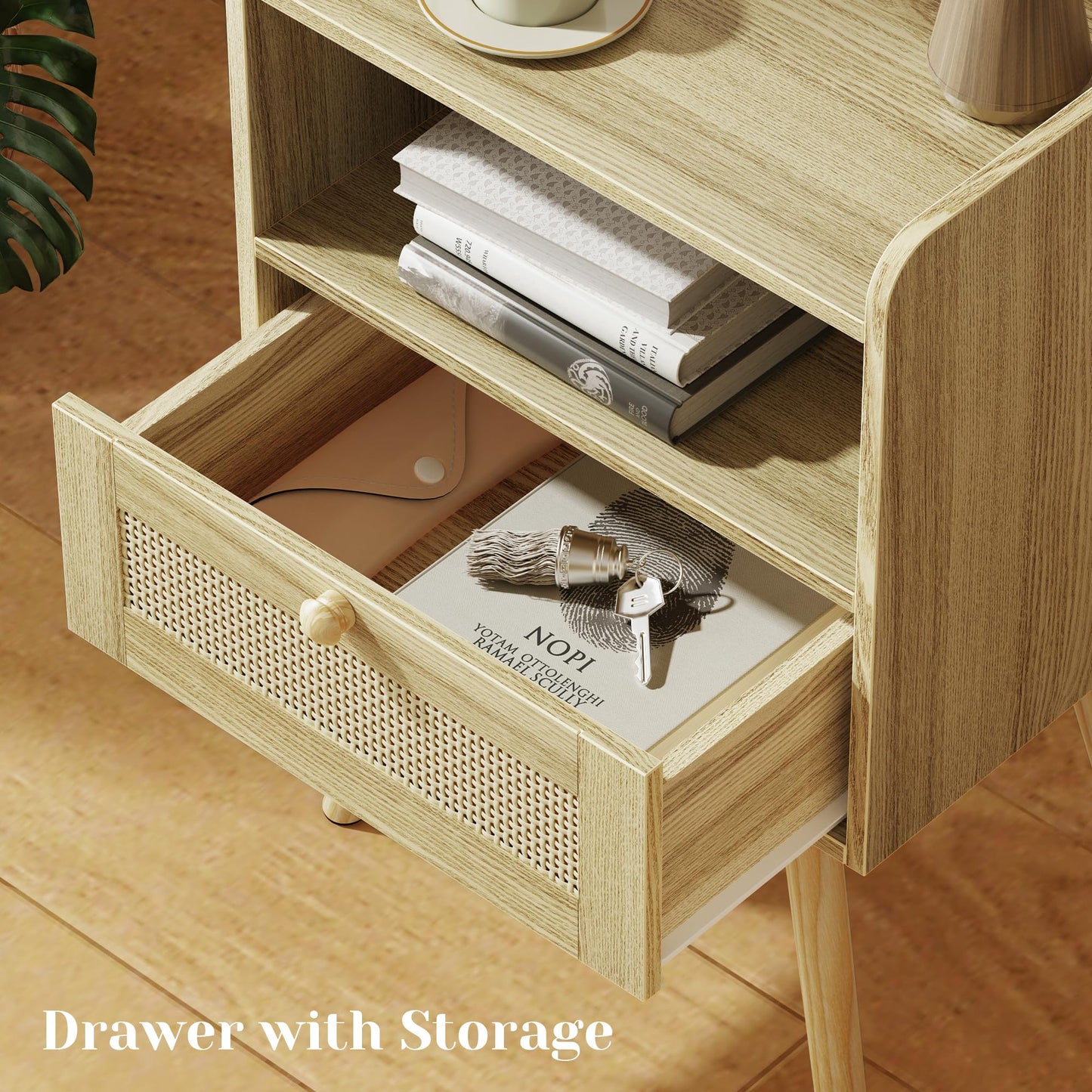 SUPERJARE Nightstand with Charging Station & Rattan-Like Decor Drawer, Rattan End Table with Solid Wood Feet, Bed Side Table with Open Storage, for Bedroom, Living Room, Dormitory - Natural