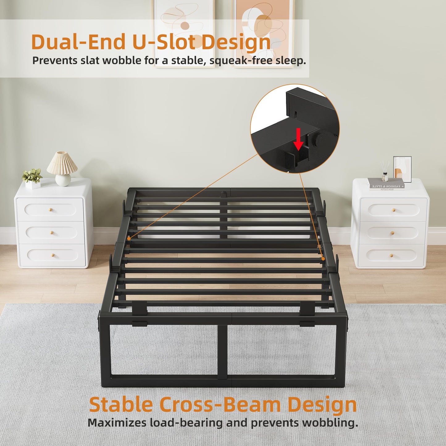 Cresyfu Twin Bed Frames, 18 Inch Metal Platform Bed Frame with Squeak Free U-Slot Design, 6 Non-Slip Guards, 3500lbs Heavy Duty Steel Slat Support, No Box Spring Needed, Under Bed Storage, Black