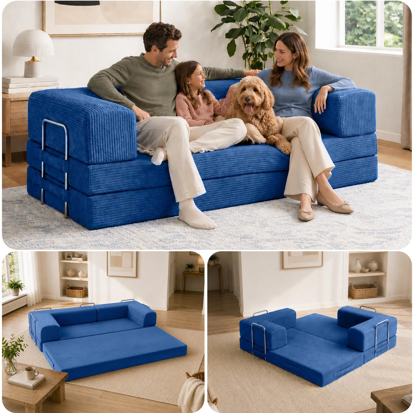 TUFT & FINCH Bali Blue Boneless Couch Sofa Bed - 82" Modular Corduroy Convertible Sleeper Sofa for Living Room – 3 Seater Folding Couch Bed, Pet-Friendly Removable Washable Covers - CertiPUR-US Foam