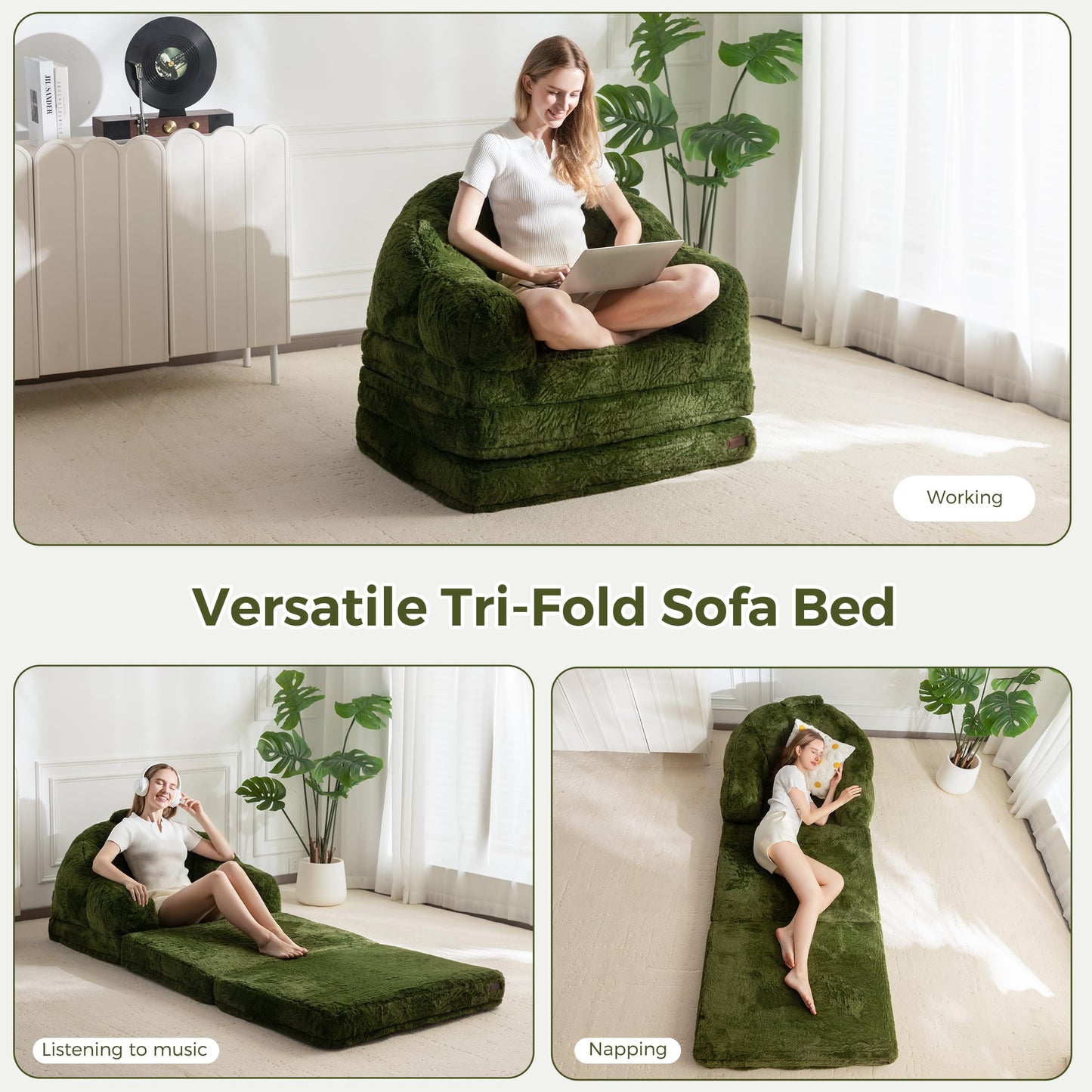 MAXYOYO Folding Sofa Bed, 2 in 1 Convertible Sofa to Lounger Comfy Single Bean Bag Chair for Adults, Floor Couch with Handle, Faux Fur Couch Bed for Living Room Bedroom, Green