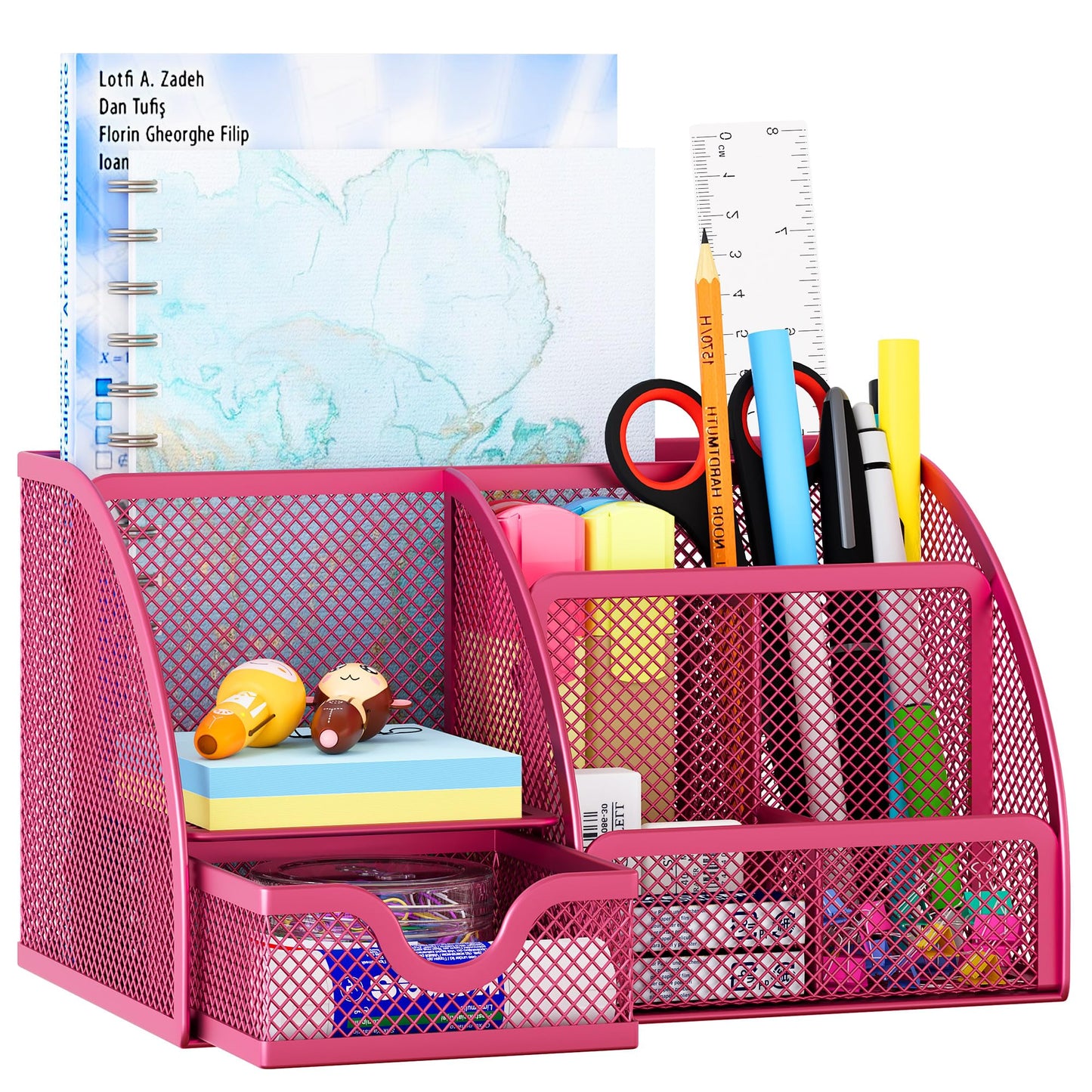 EasyPAG Mesh Desk Organizer with Drawer Multi-functional Pen Holder Stationery Organizer for Office School Supplies 6 Compartments Dorm Organizers and Storage for Desk, Hot Pink