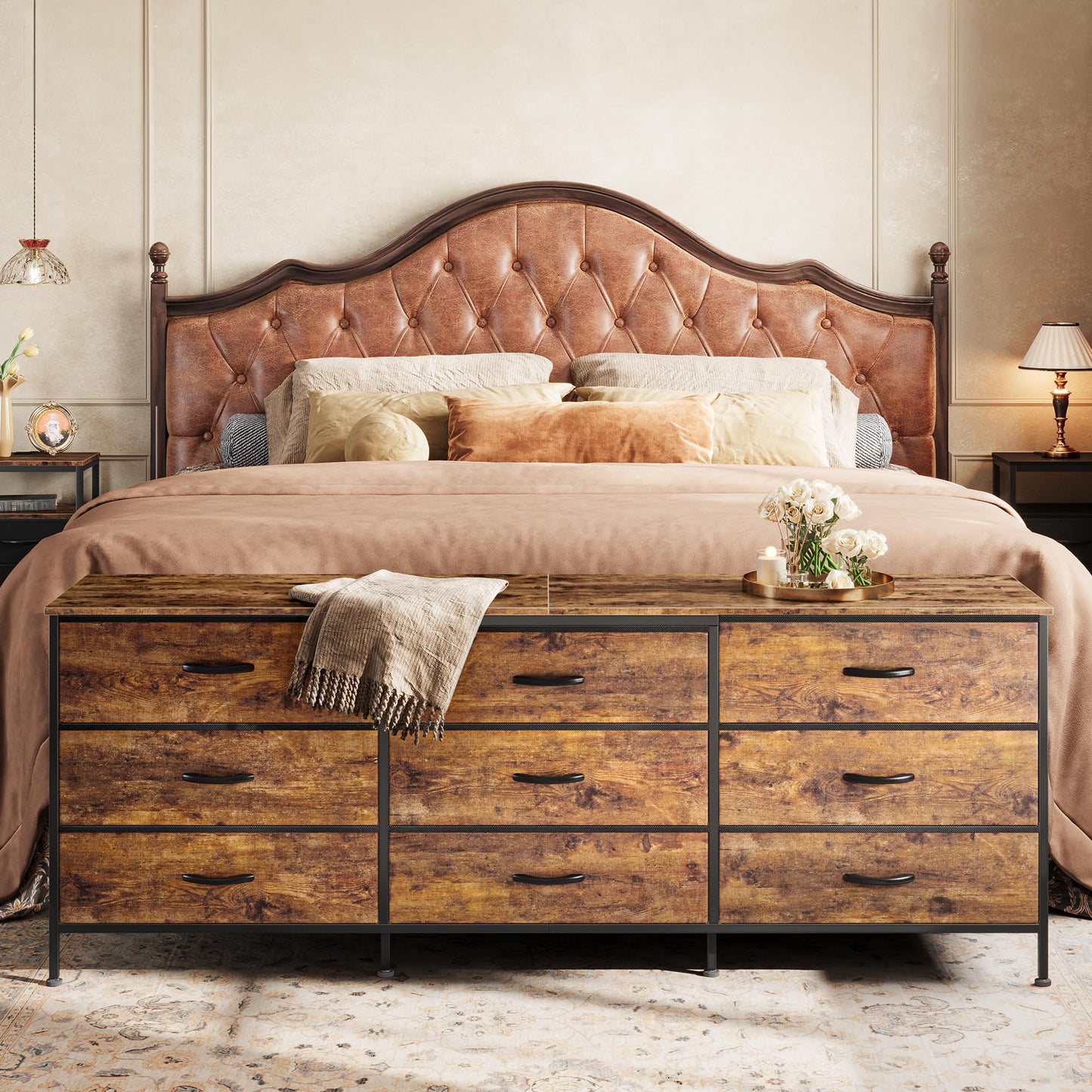 Huuger 63 Inch Dresser for Bedroom, Dresser for Closet with 9 Fabric Drawers, Large TV Stand for 55, 65, 70 Inch TV, Entertainment Center with Storage, Wide Long Chest of Drawers, Rustic Brown