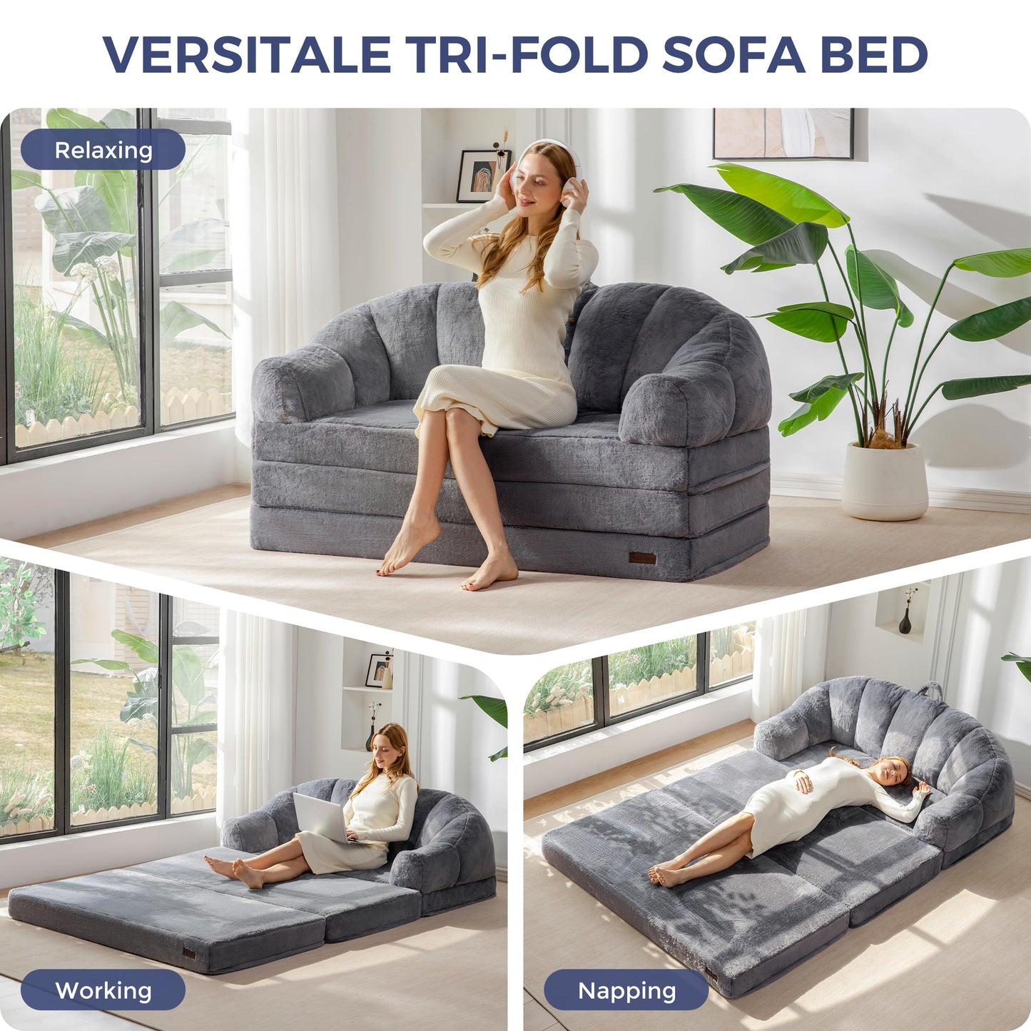 MAXYOYO Folding Sofa Bed, 2 in 1 Convertible Sofa to Lounger Comfy Loveseat Bean Bag Chair for Adults, Floor Couch with Handle, Faux Fur Couch Bed for Living Room Bedroom, Grey, Loveseat