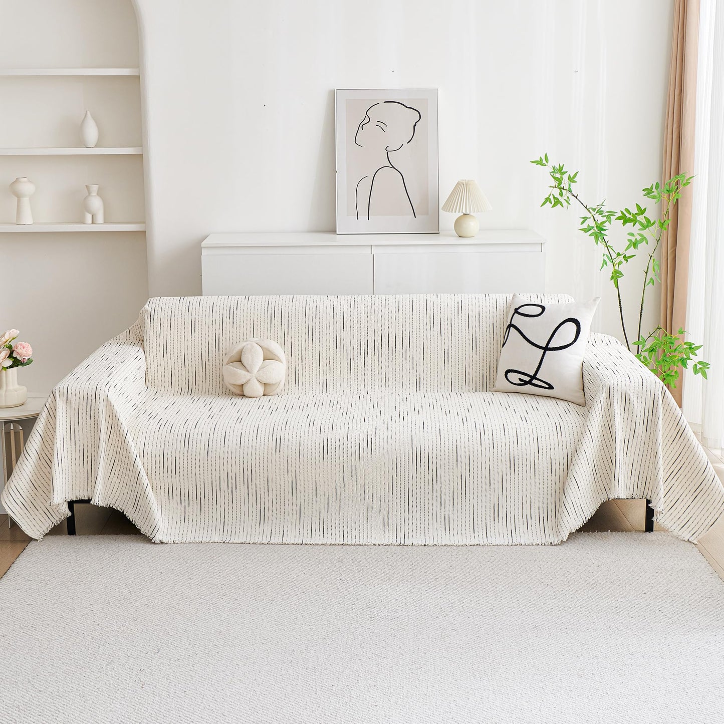 MYSKY HOME Couch Cover for Dogs, Sectional Couch Cover, Beige Lines Sofa Covers for Sectional Sofa L Shape Chenille Couch Protector for Dogs Pets Couch Covers Washable Soft Throw, 91"X118"