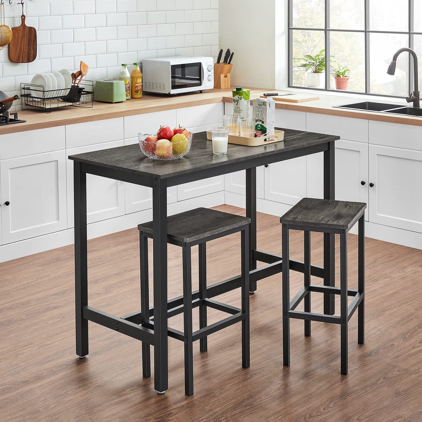 VASAGLE Bar Stools Set of 2, Bar Chairs, Kitchen Breakfast Bar Stools with Footrest, 25.6 Inch Tall, Industrial in Living Room, Party Room, Charcoal Gray and Black ULBC065B04